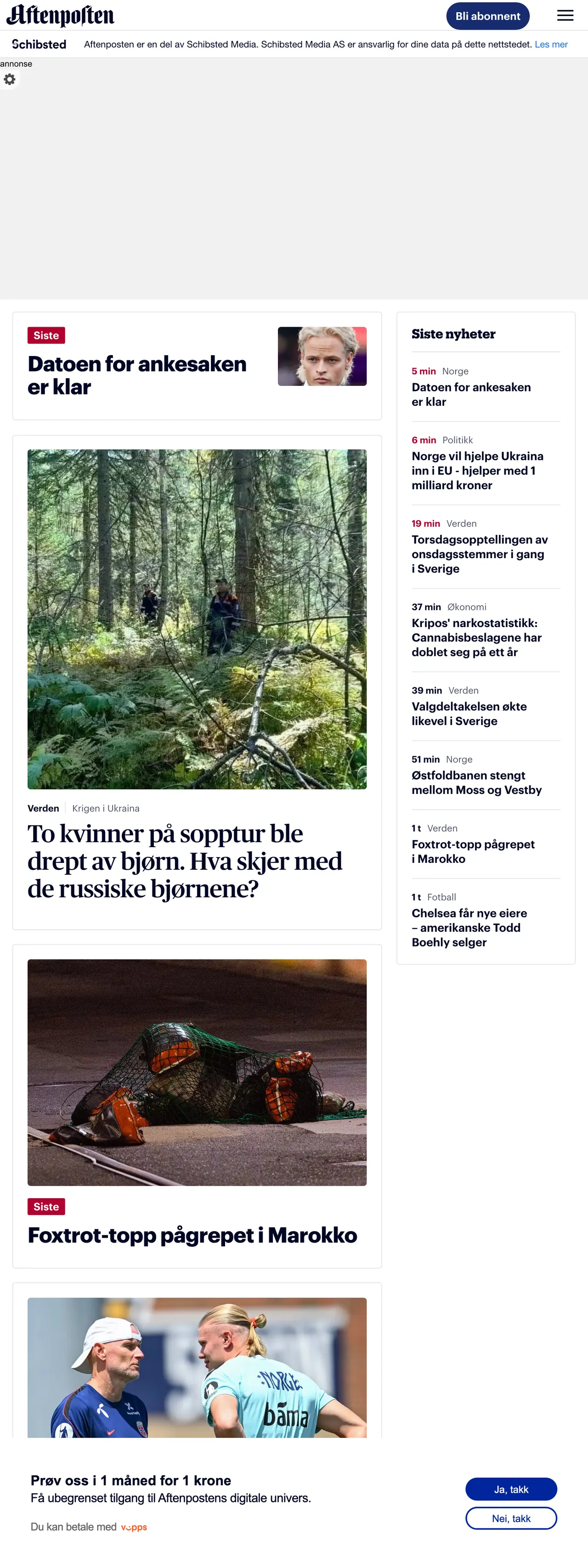 Screenshot of the Aftenposten front page