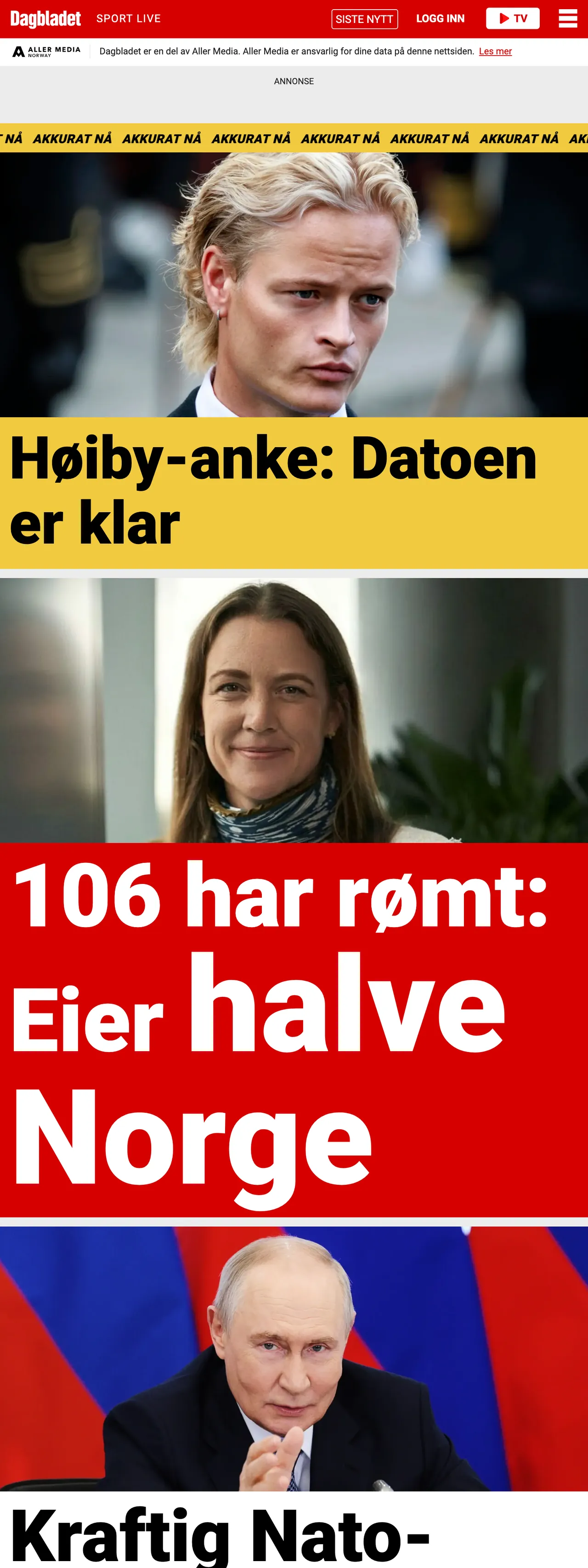 Screenshot of the Dagbladet front page