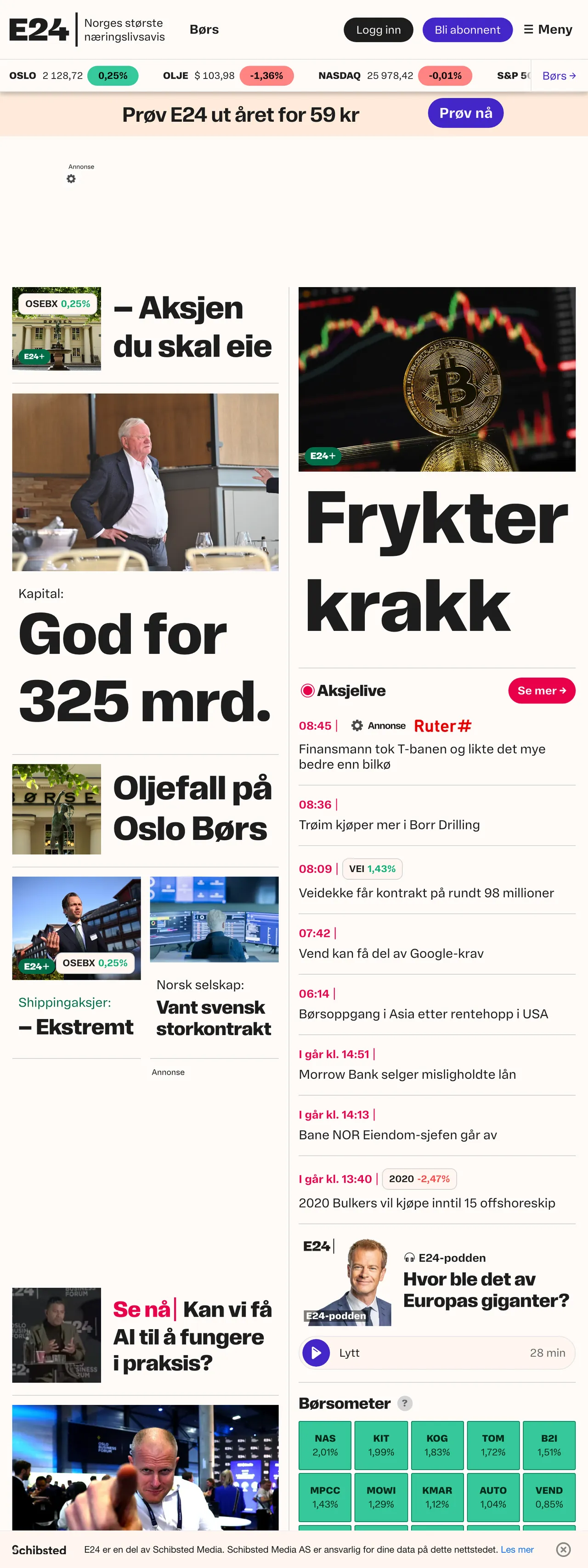 Screenshot of the E24 front page