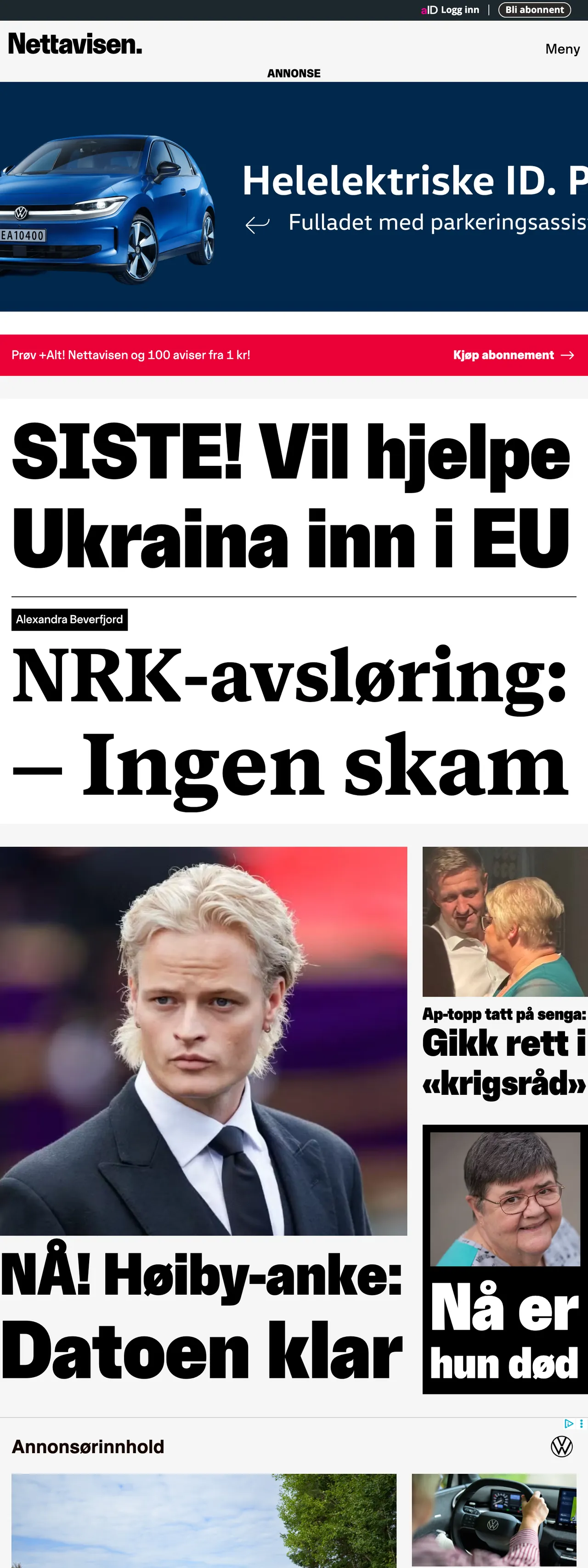 Screenshot of the Nettavisen front page