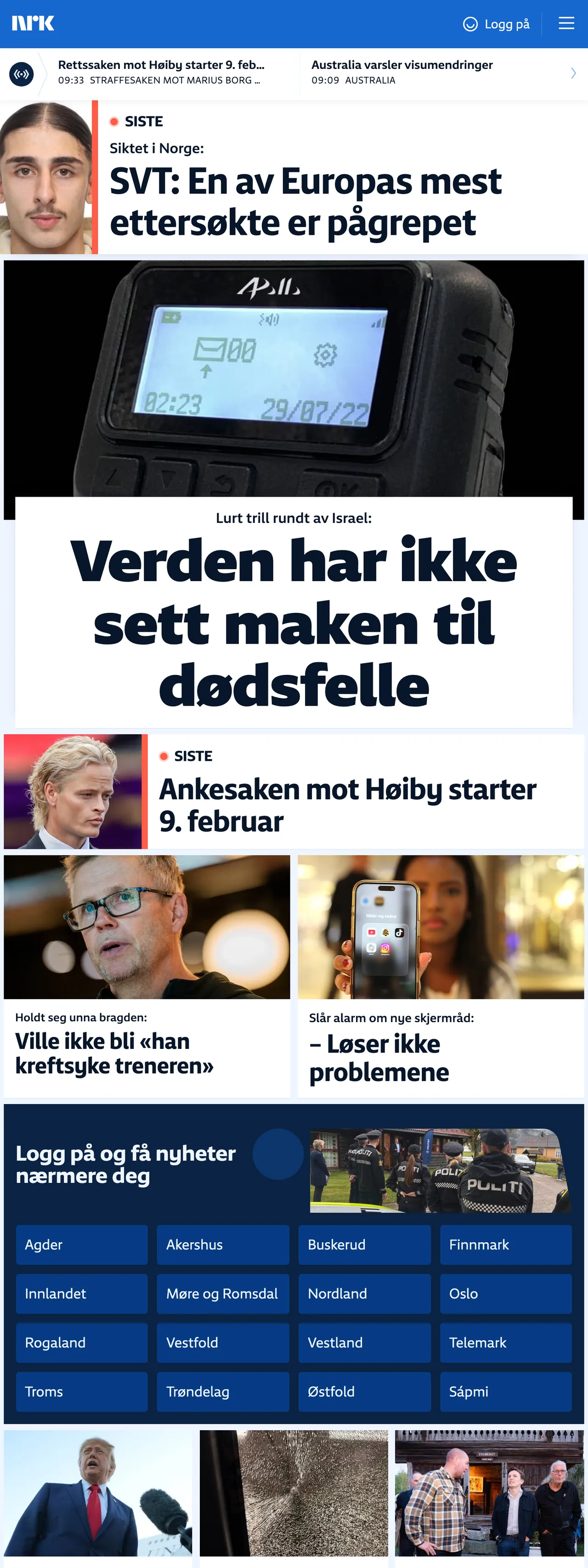 Screenshot of the NRK front page