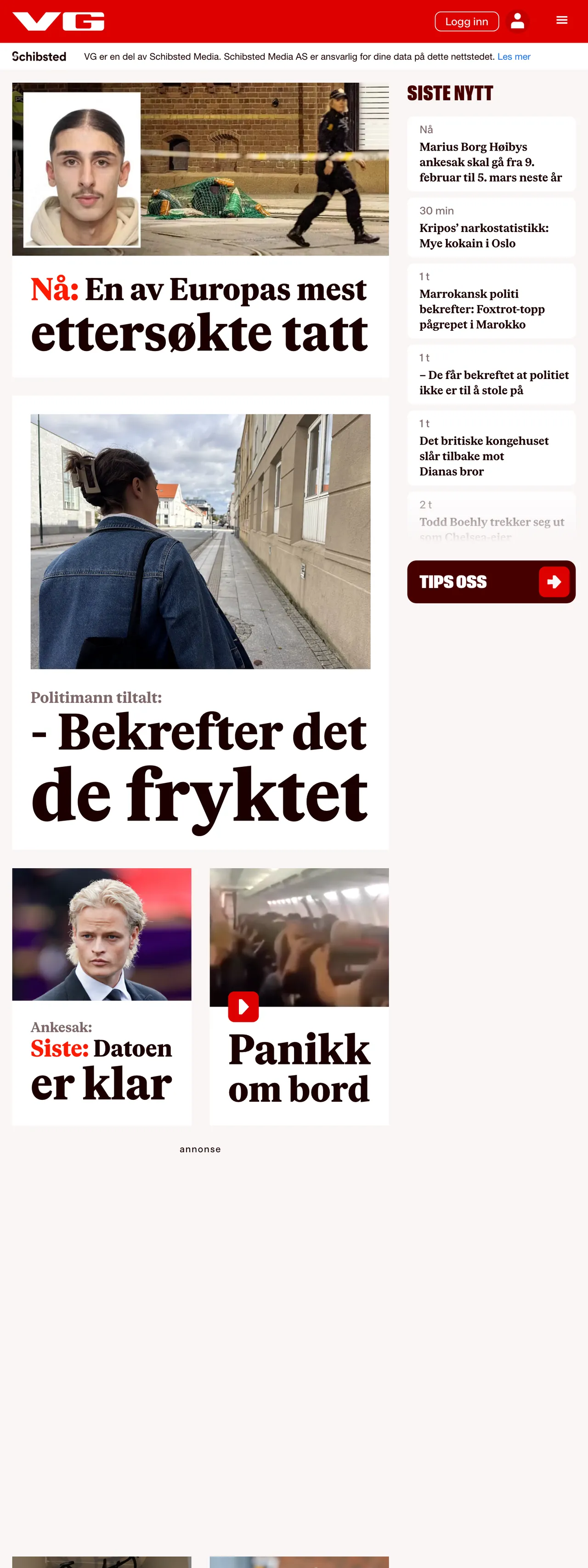 Screenshot of the VG front page