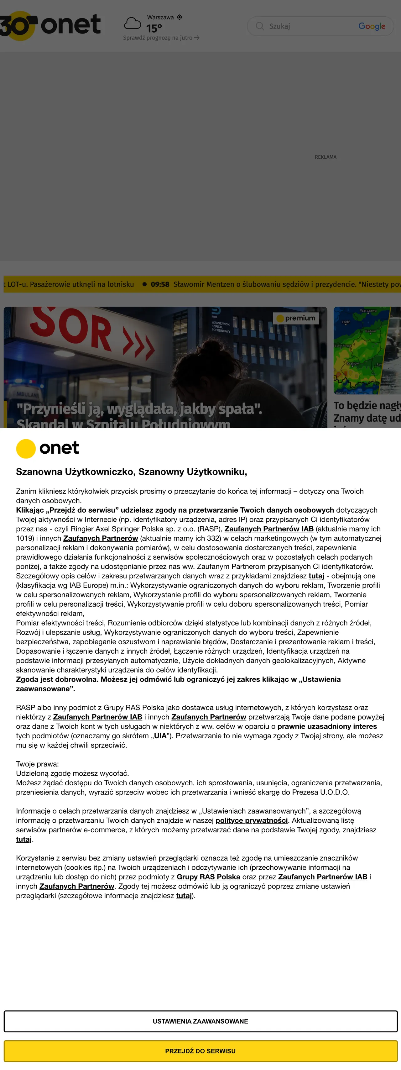 Screenshot of the Onet front page