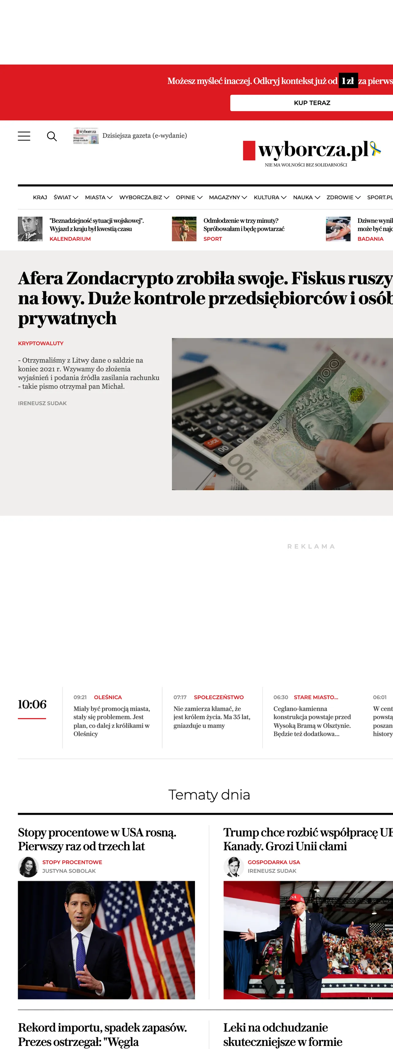 Screenshot of the Wyborcza front page