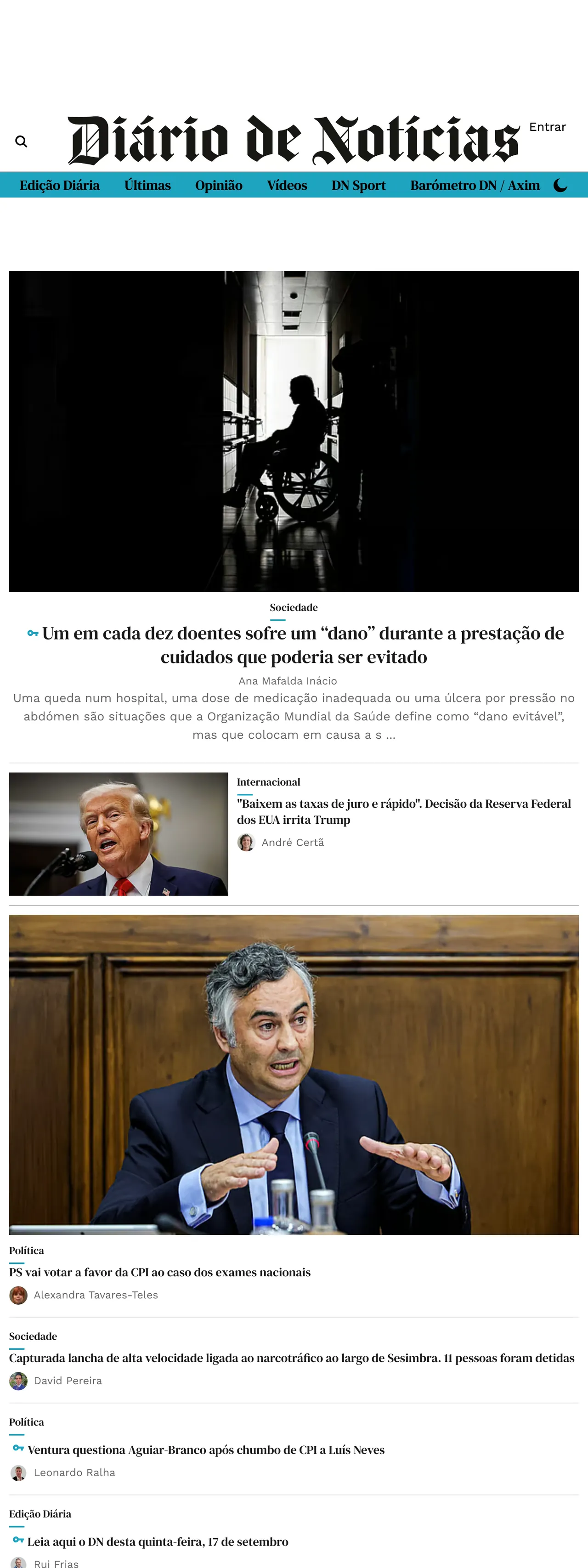 Screenshot of the Diário de Notícias front page