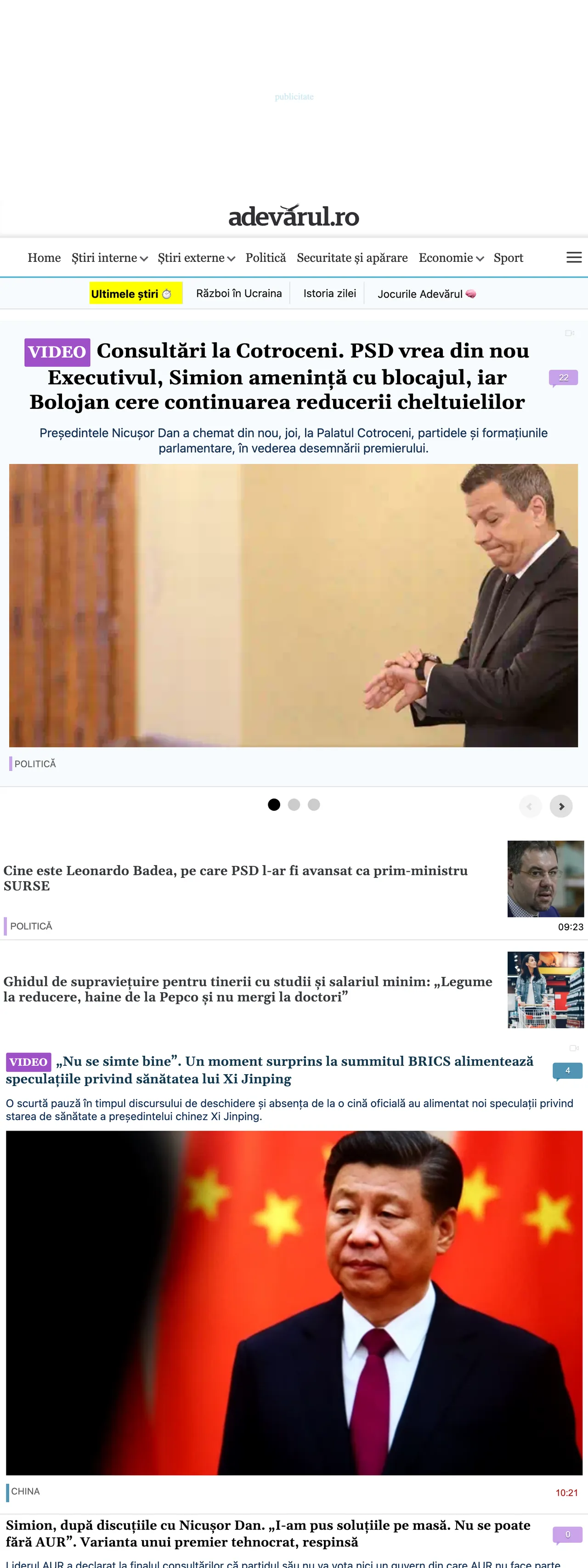 Screenshot of the Adevărul front page