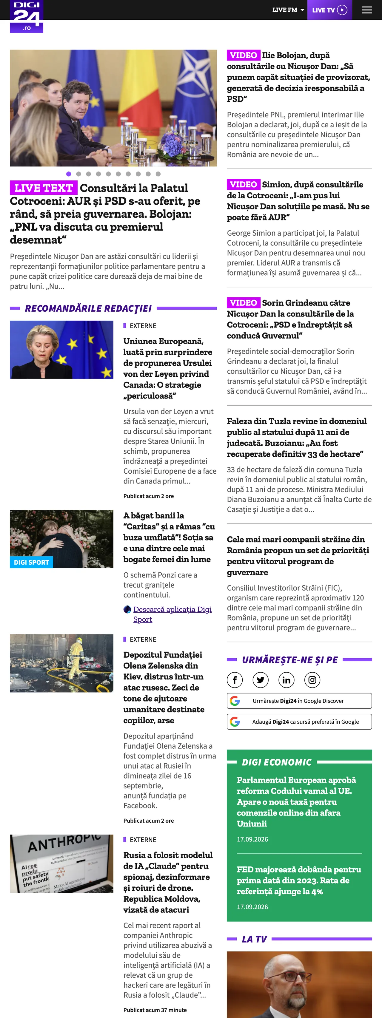 Screenshot of the Digi24 front page