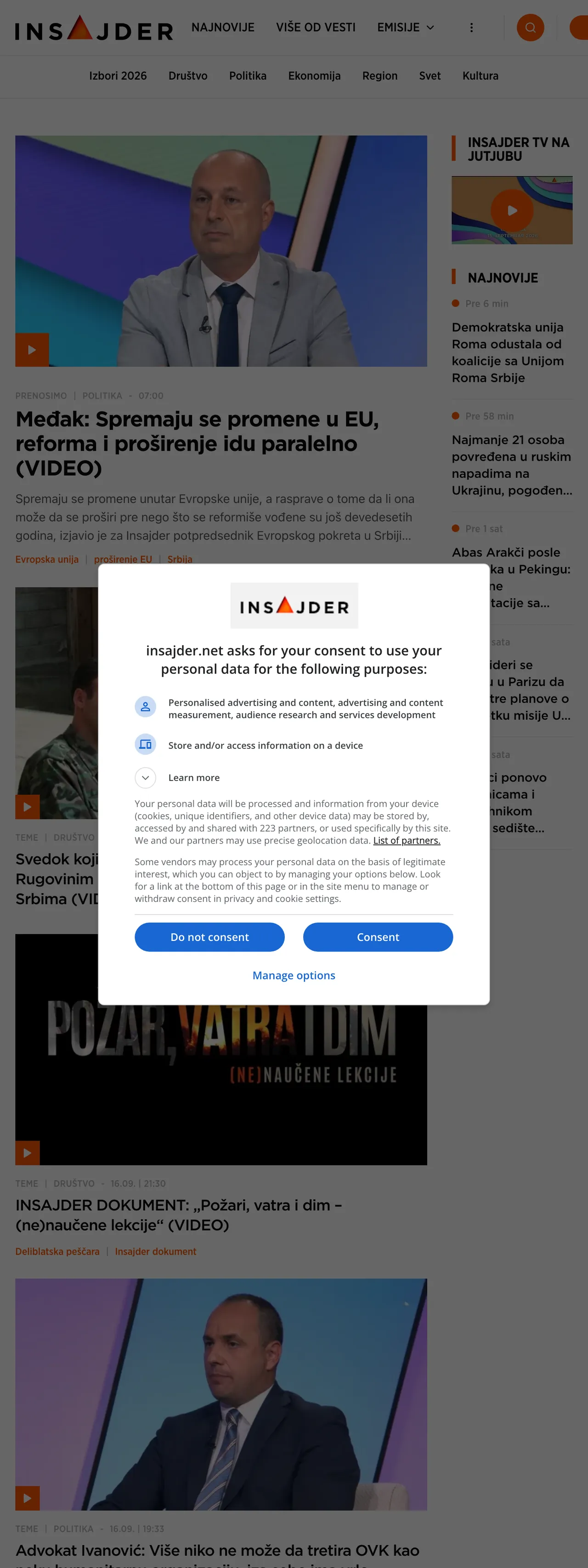 Screenshot of the Insajder front page