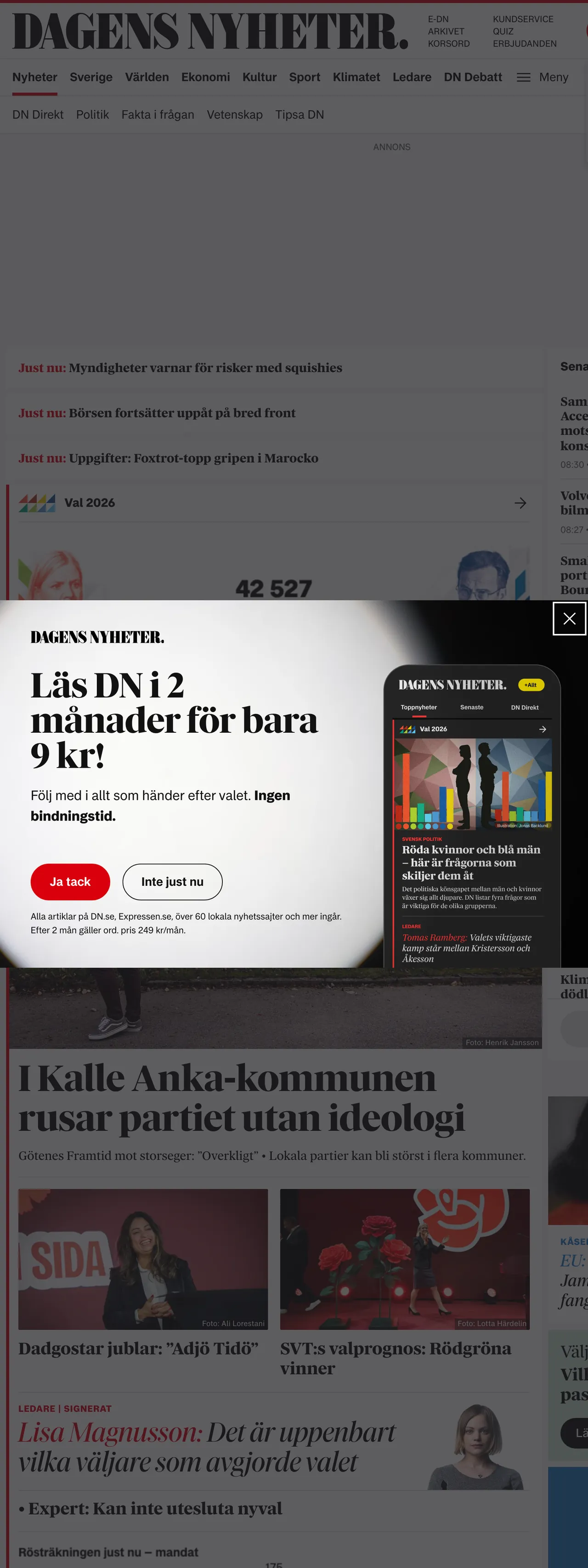 Screenshot of the Dagens Nyheter front page