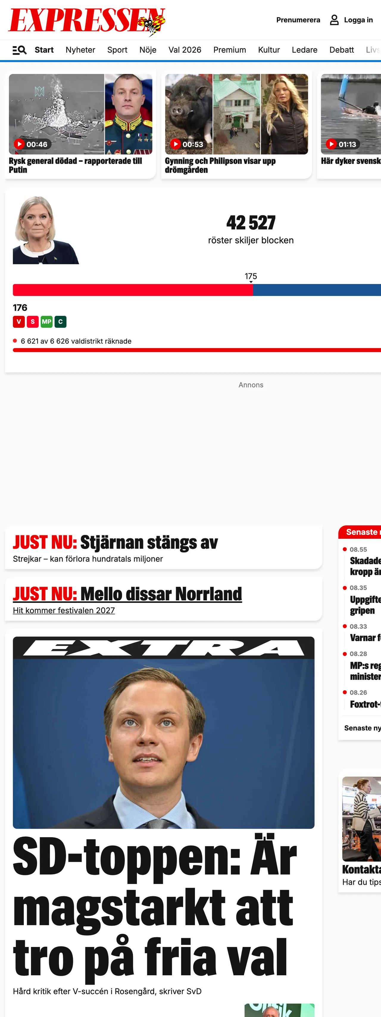 Screenshot of the Expressen front page