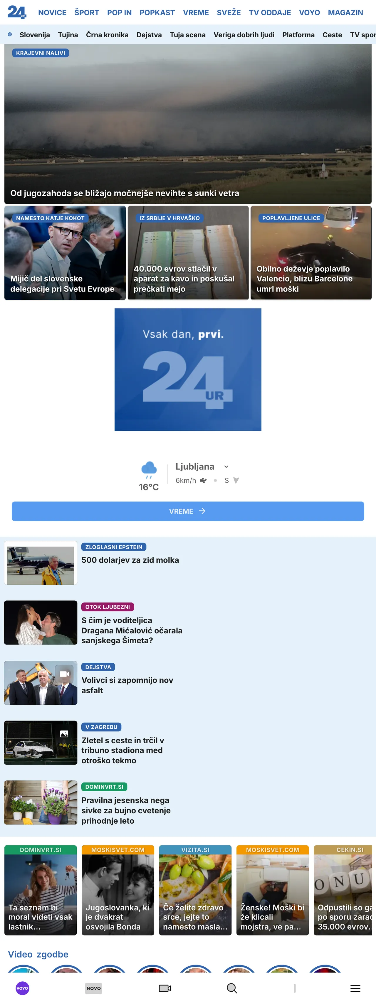 Screenshot of the 24ur front page