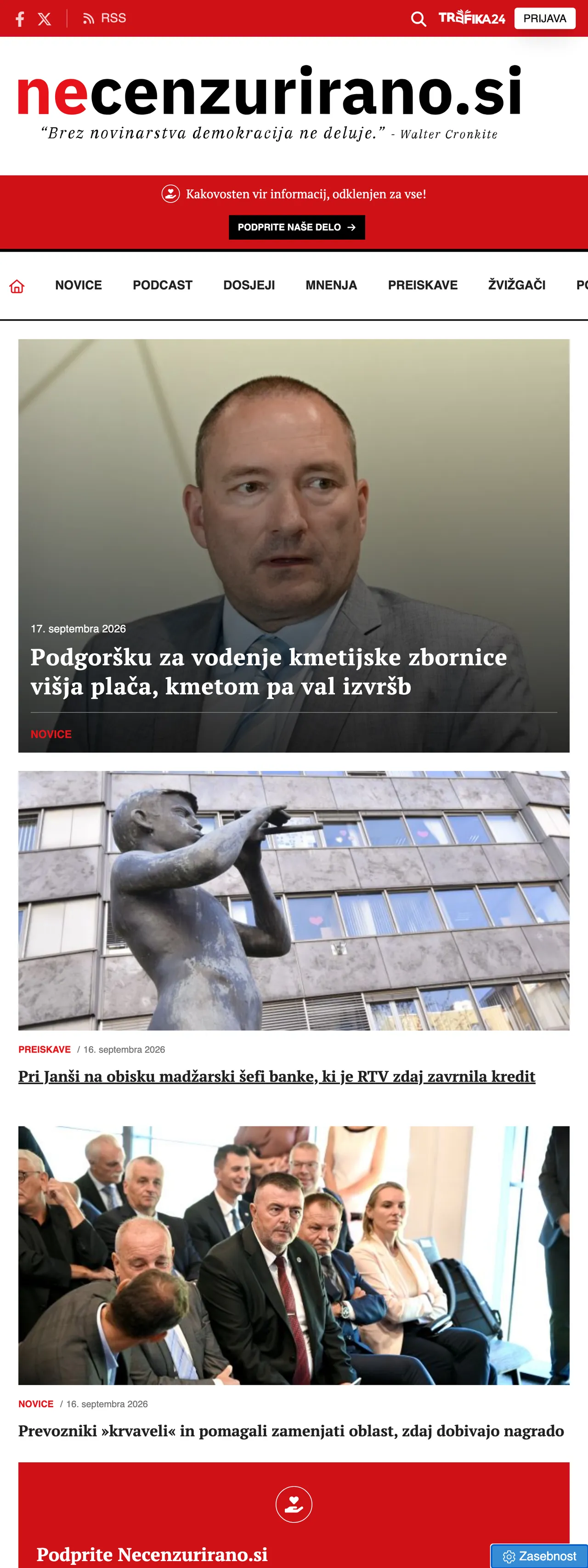 Screenshot of the Necenzurirano front page