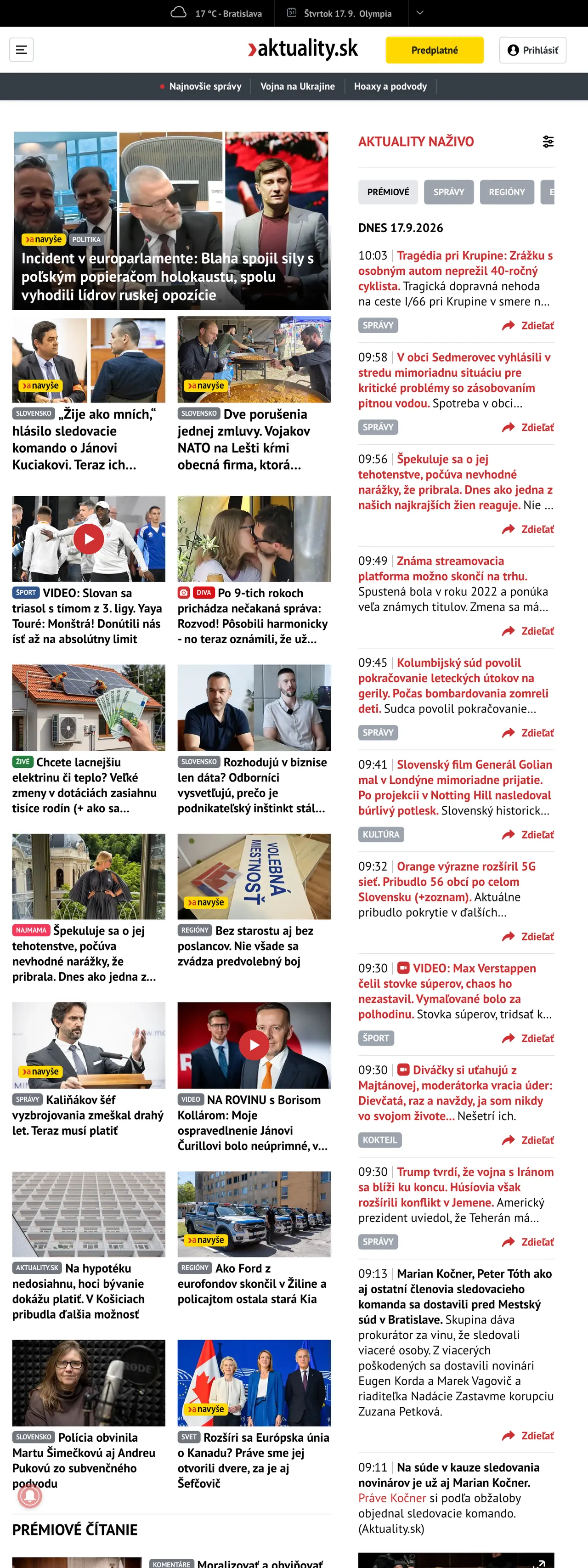 Screenshot of the Aktuality.sk front page