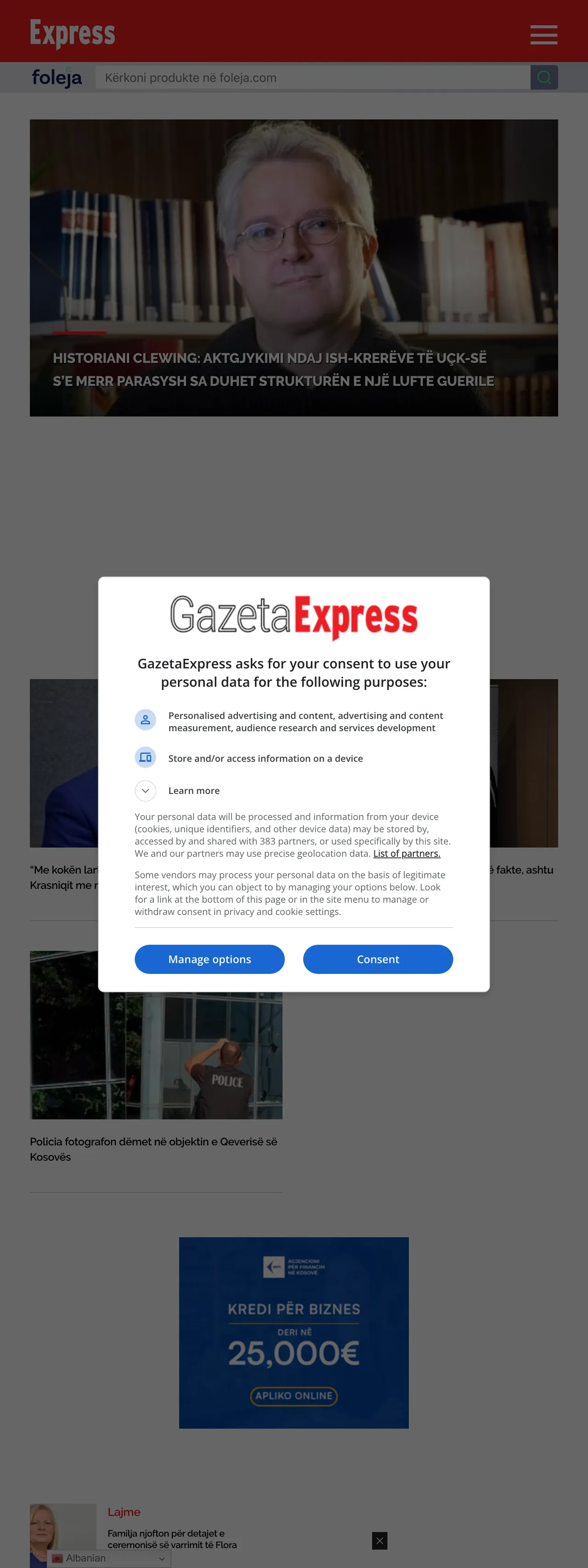Screenshot of the Gazeta Express front page