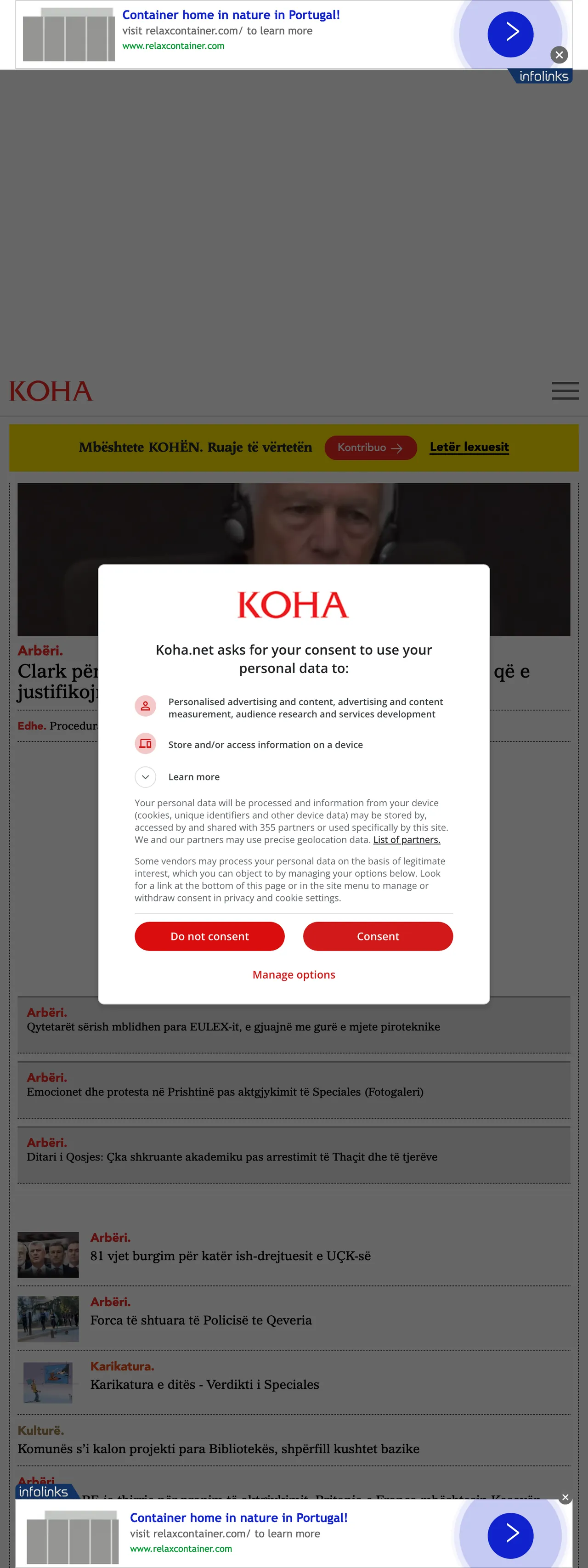Screenshot of the Koha Ditore front page