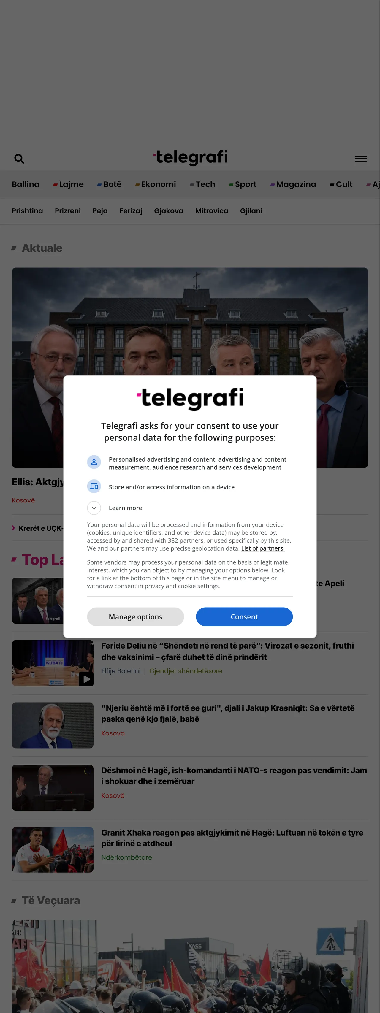 Screenshot of the Telegrafi front page