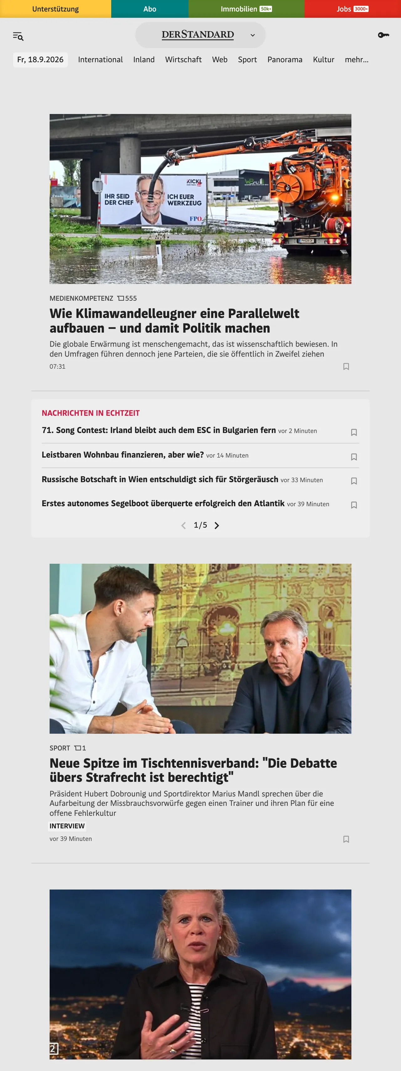 Screenshot of the DER STANDARD front page