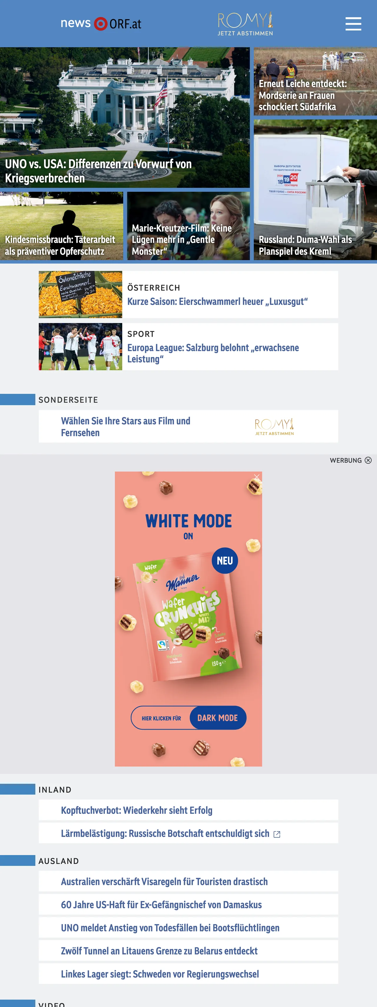 Screenshot of the ORF front page