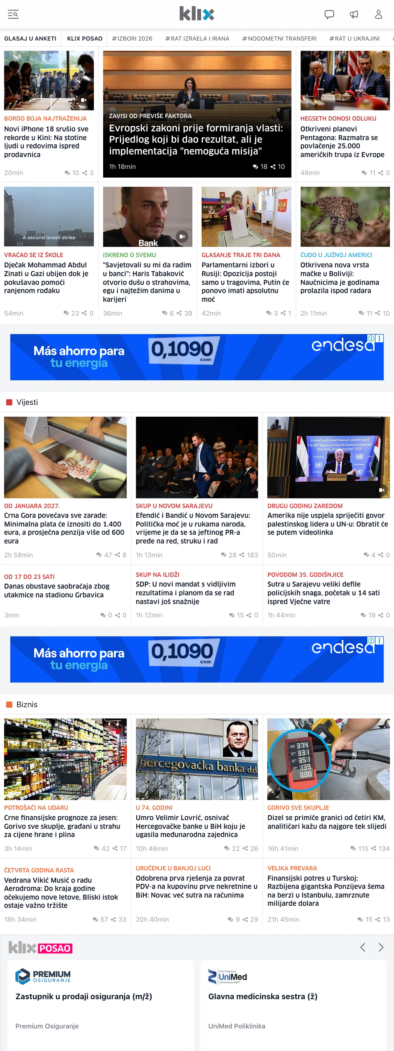 Screenshot of the Klix.ba front page