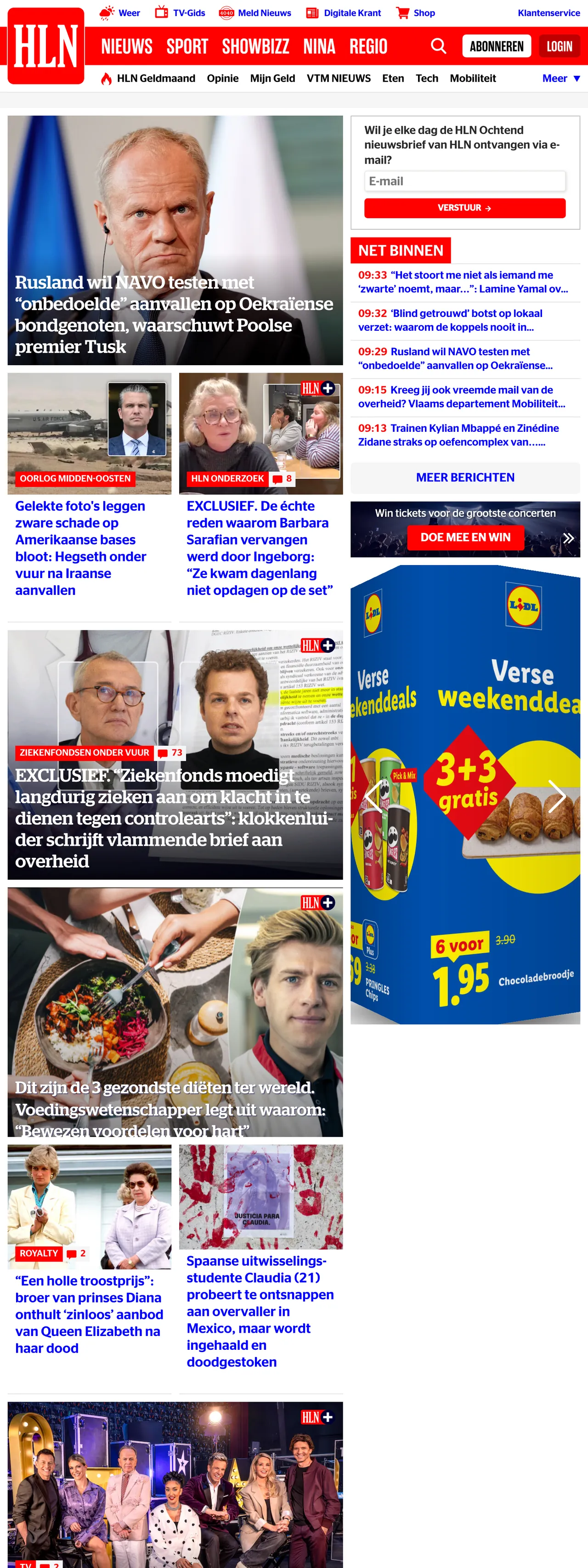Screenshot of the HLN front page