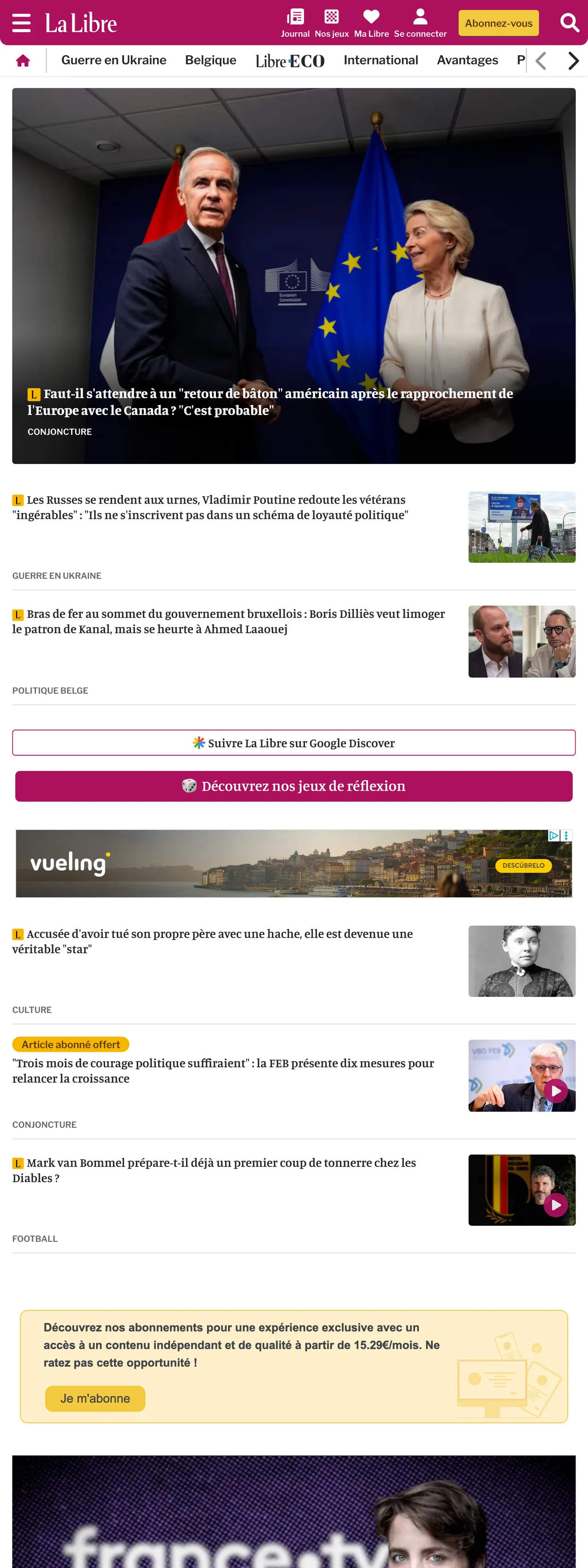 Screenshot of the La Libre front page