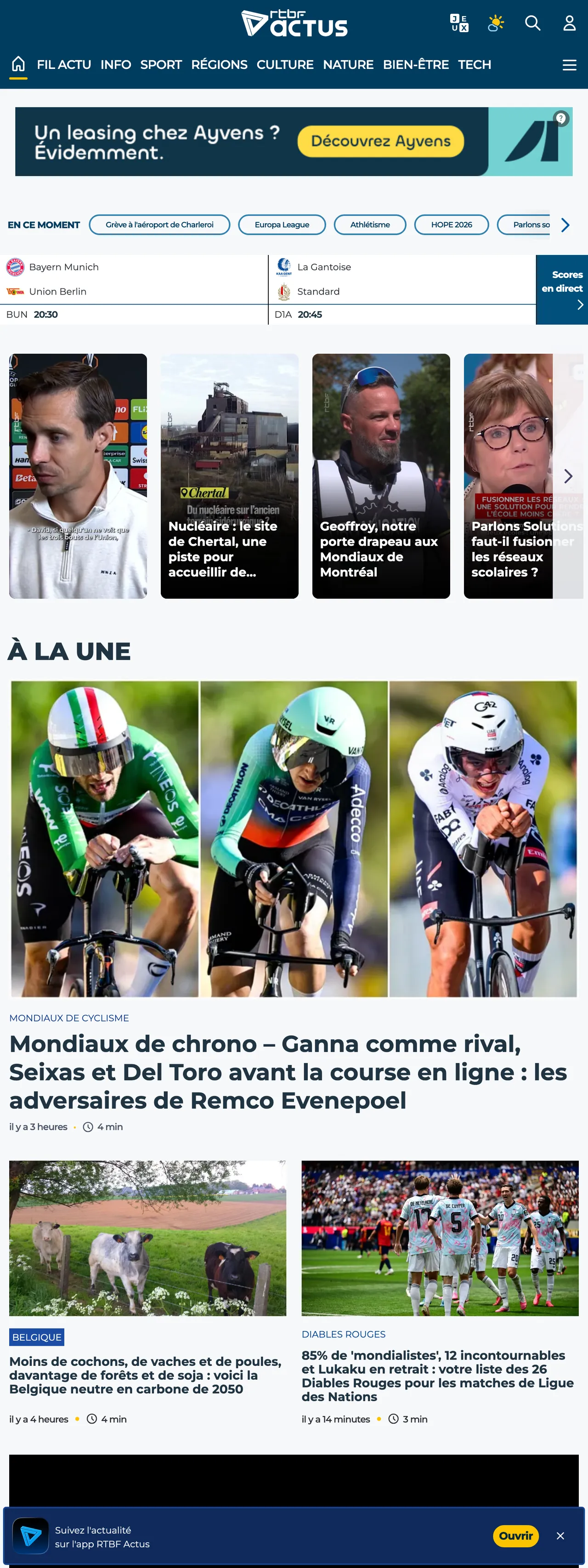 Screenshot of the RTBF front page