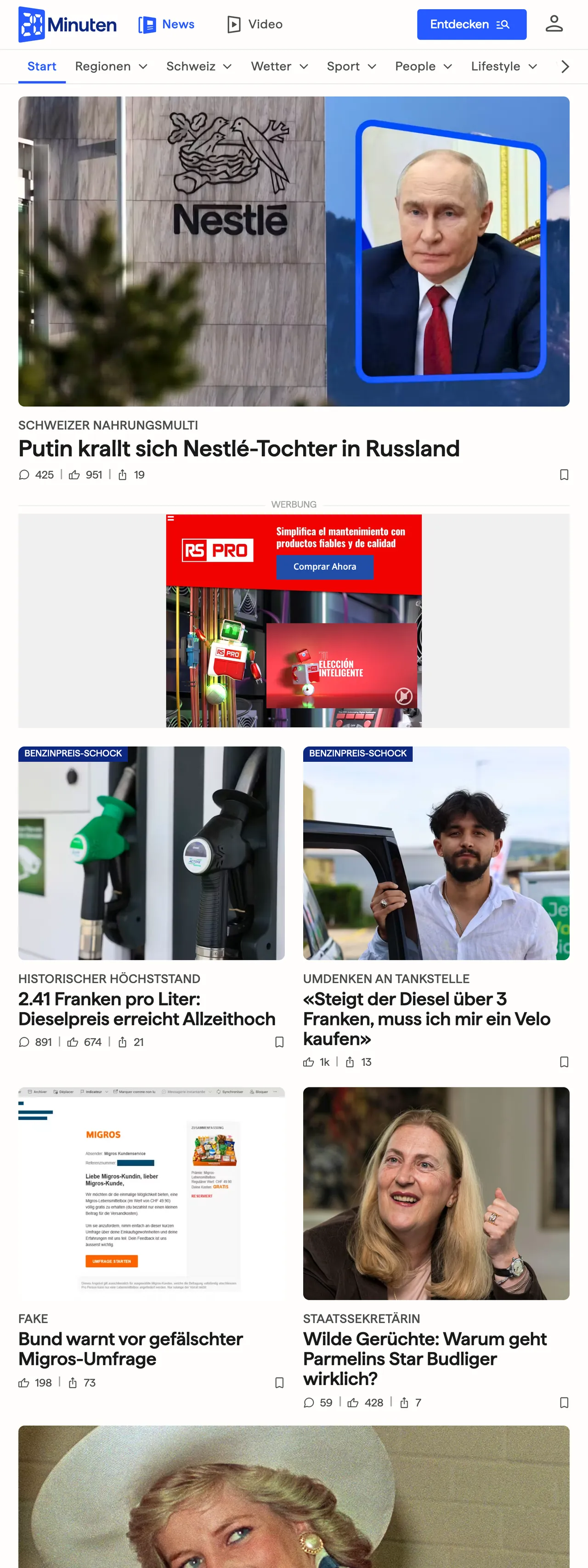 Screenshot of the 20 Minuten front page