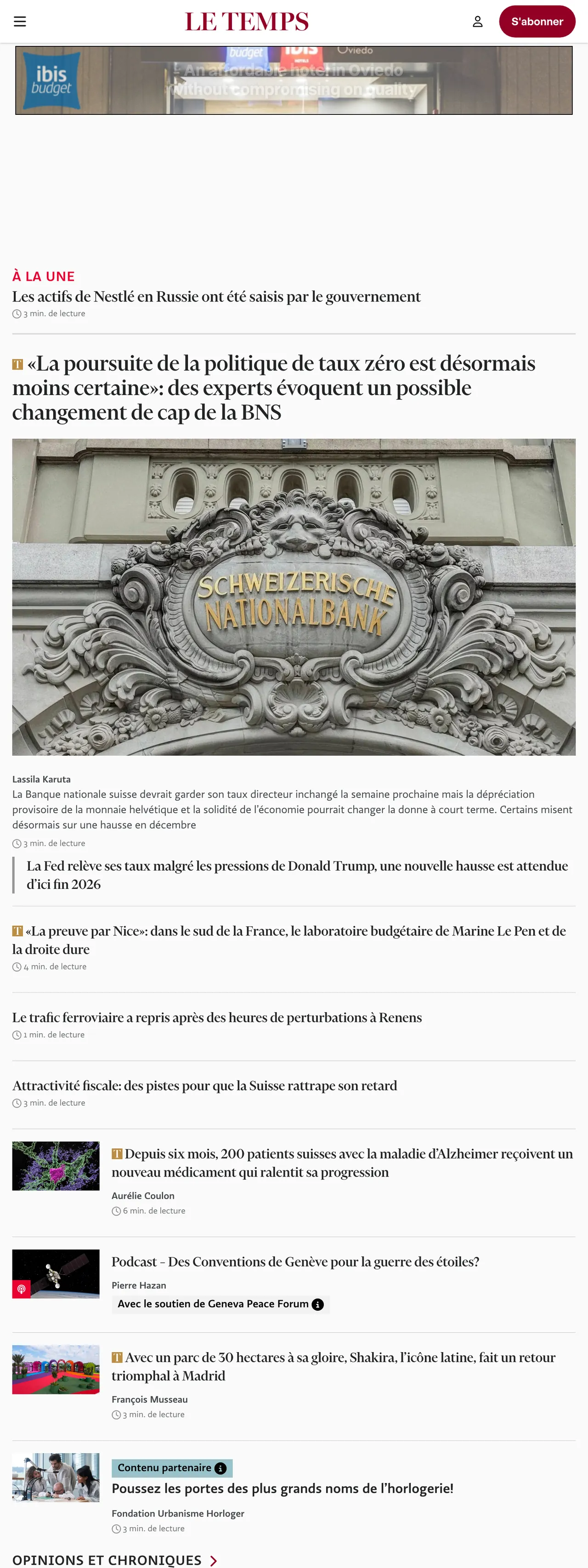 Screenshot of the Le Temps front page
