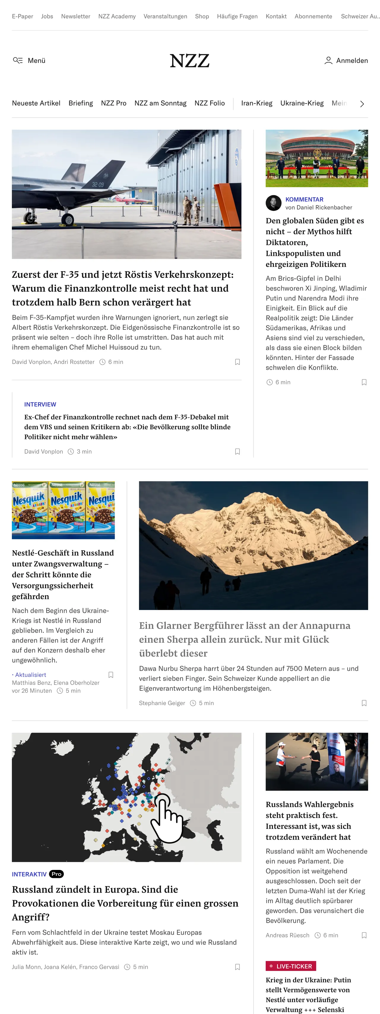 Screenshot of the Neue Zürcher Zeitung front page