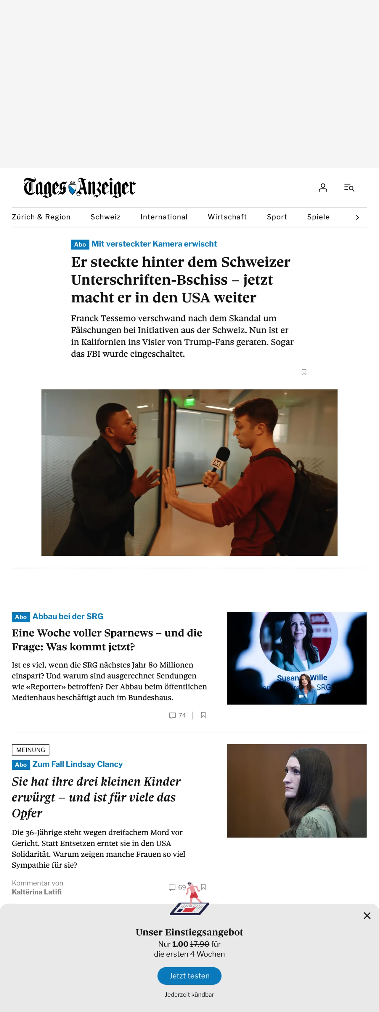 Screenshot of the Tages-Anzeiger front page
