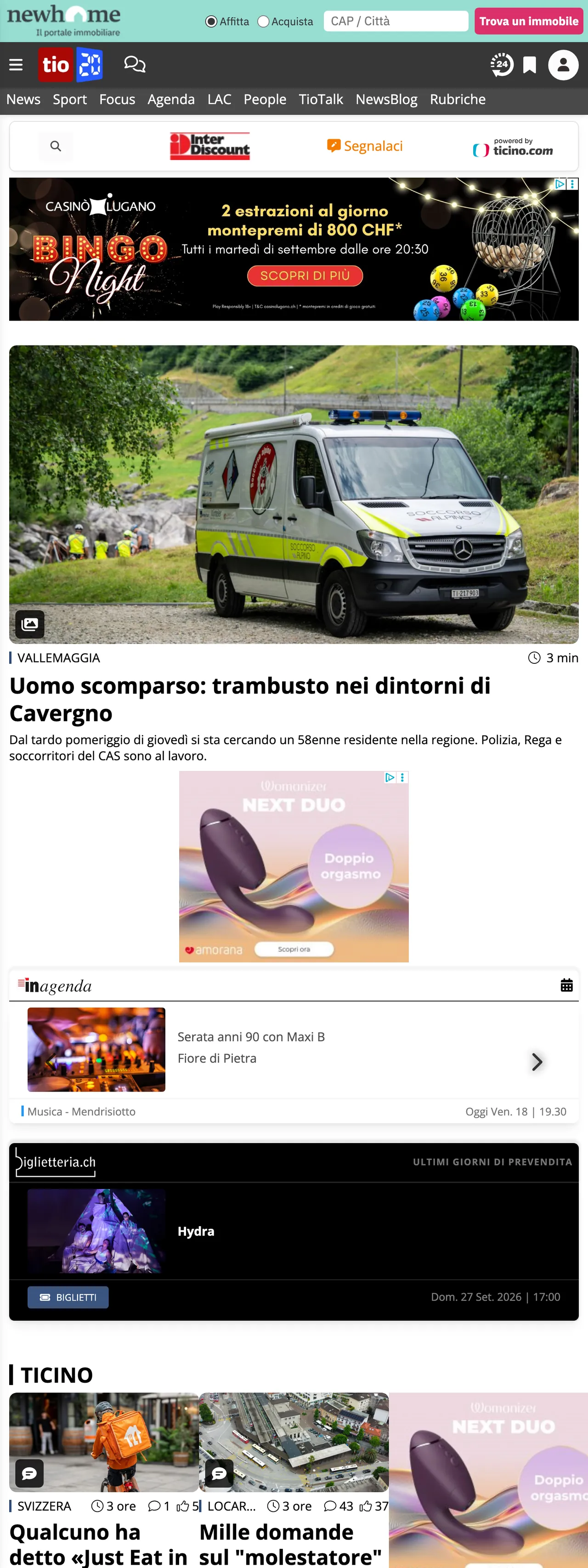 Screenshot of the Ticinonline front page