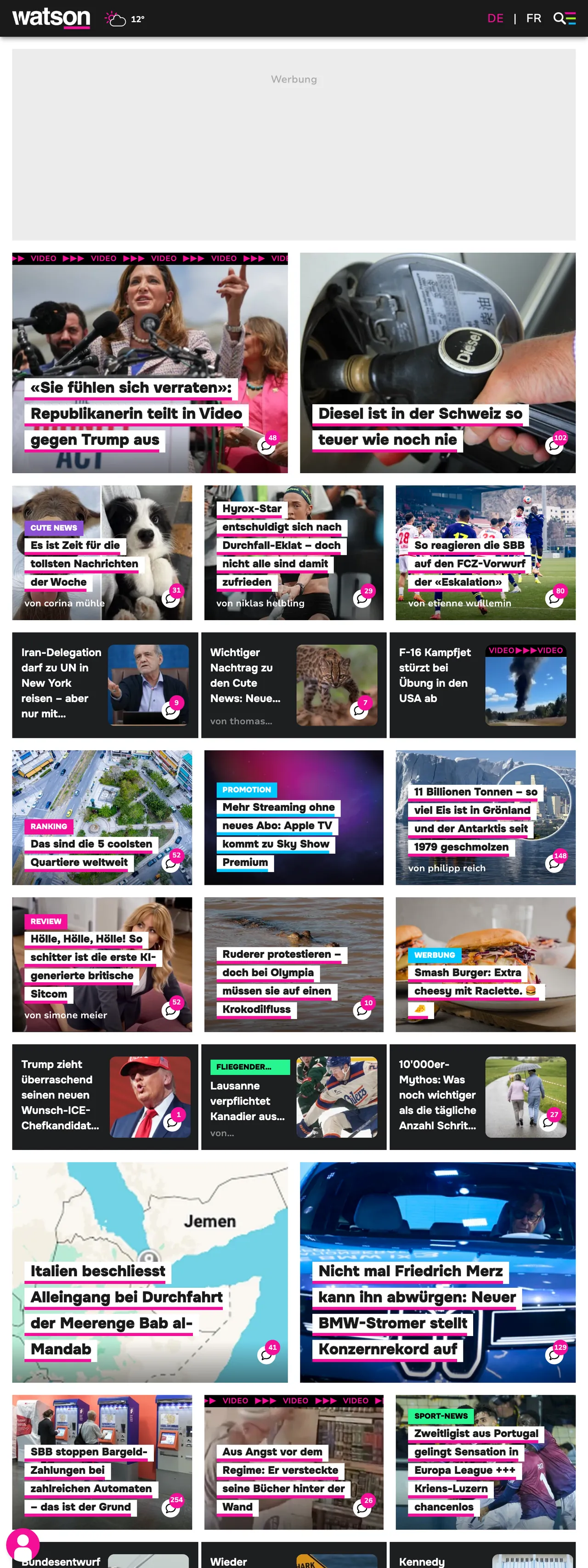 Screenshot of the watson front page