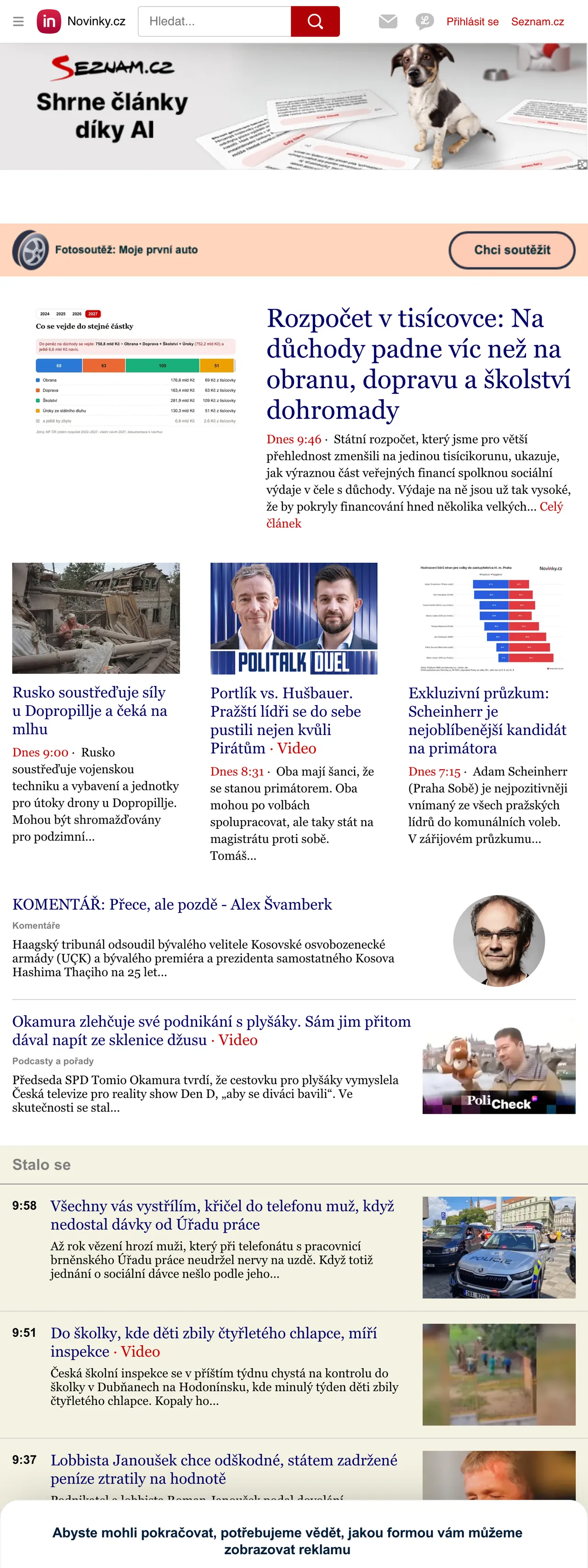 Screenshot of the Novinky.cz front page