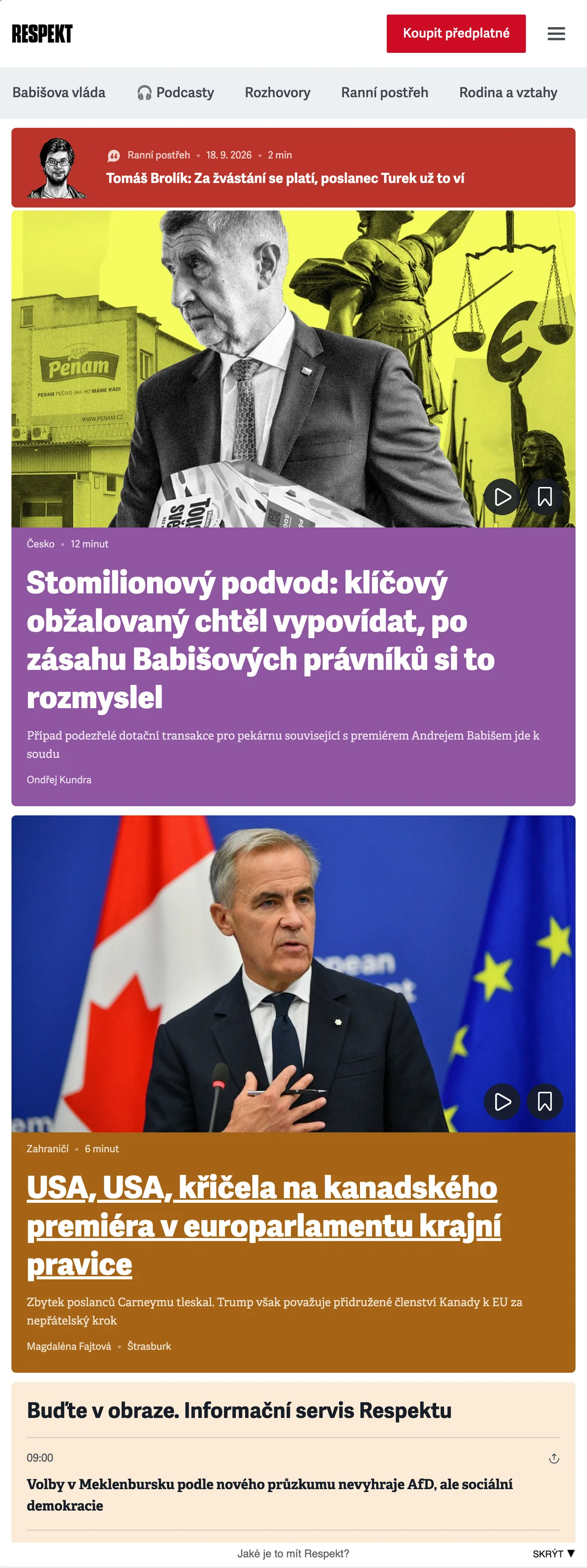 Screenshot of the Respekt front page