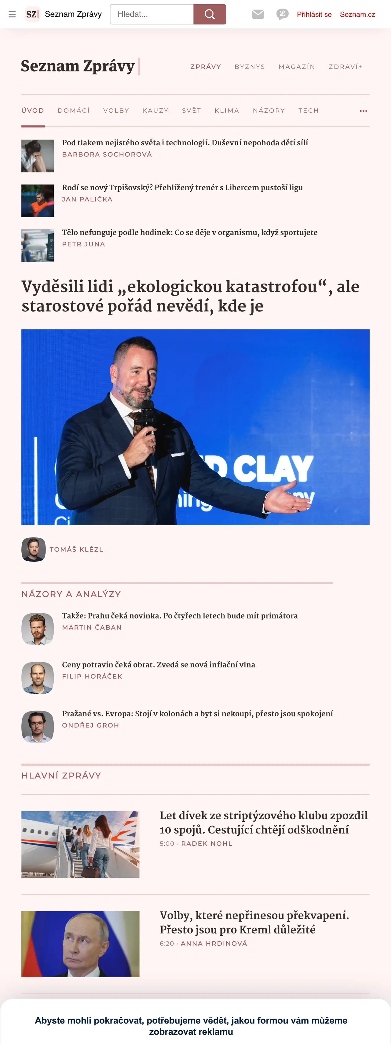Screenshot of the Seznam Zprávy front page