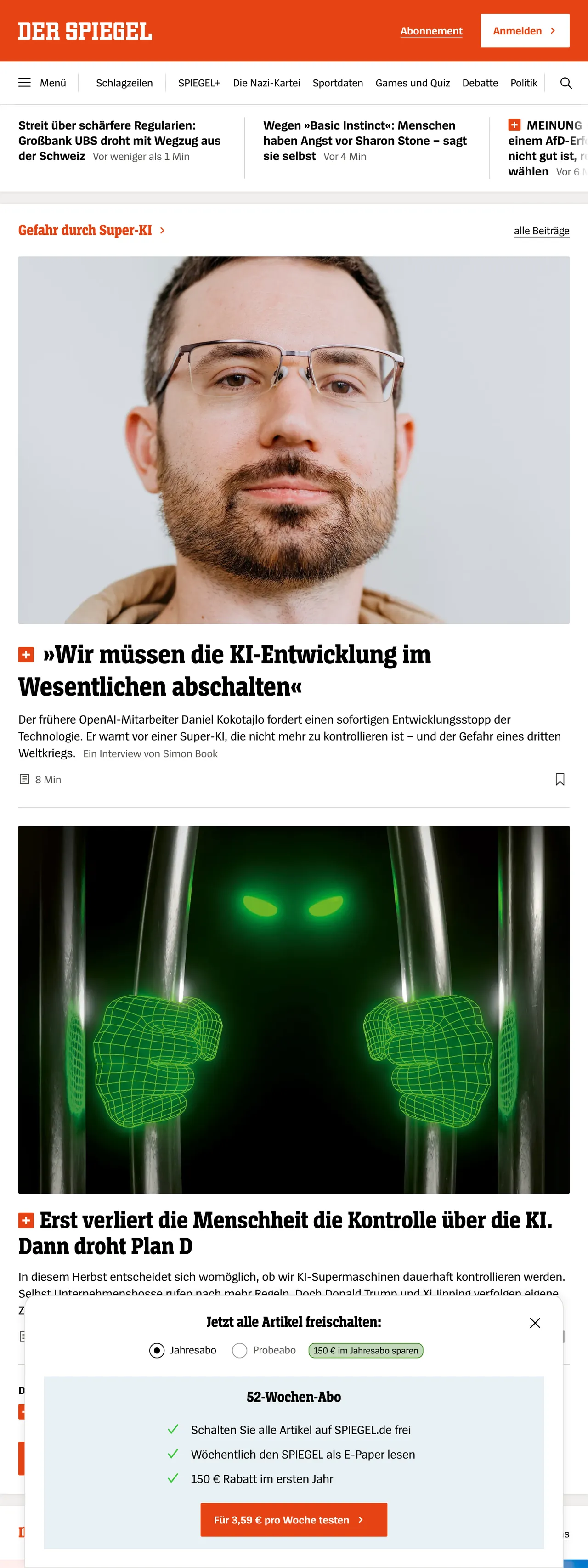 Screenshot of the DER SPIEGEL front page