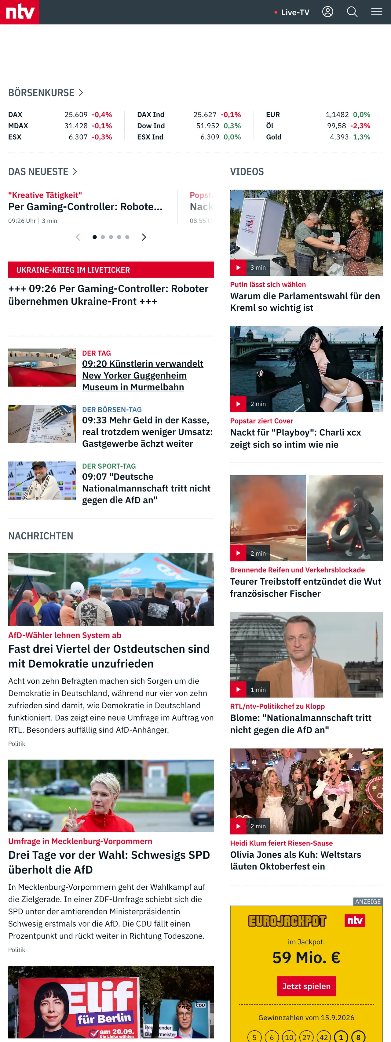Screenshot of the n-tv front page