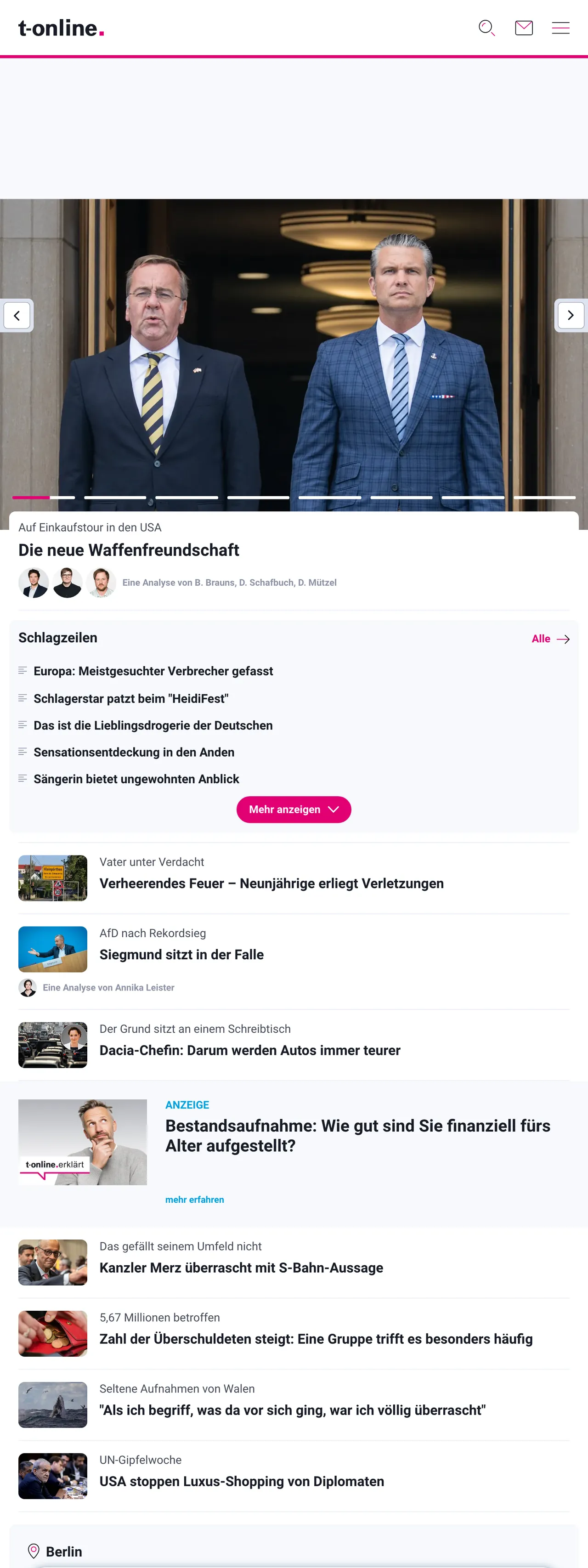 Screenshot of the t-online front page