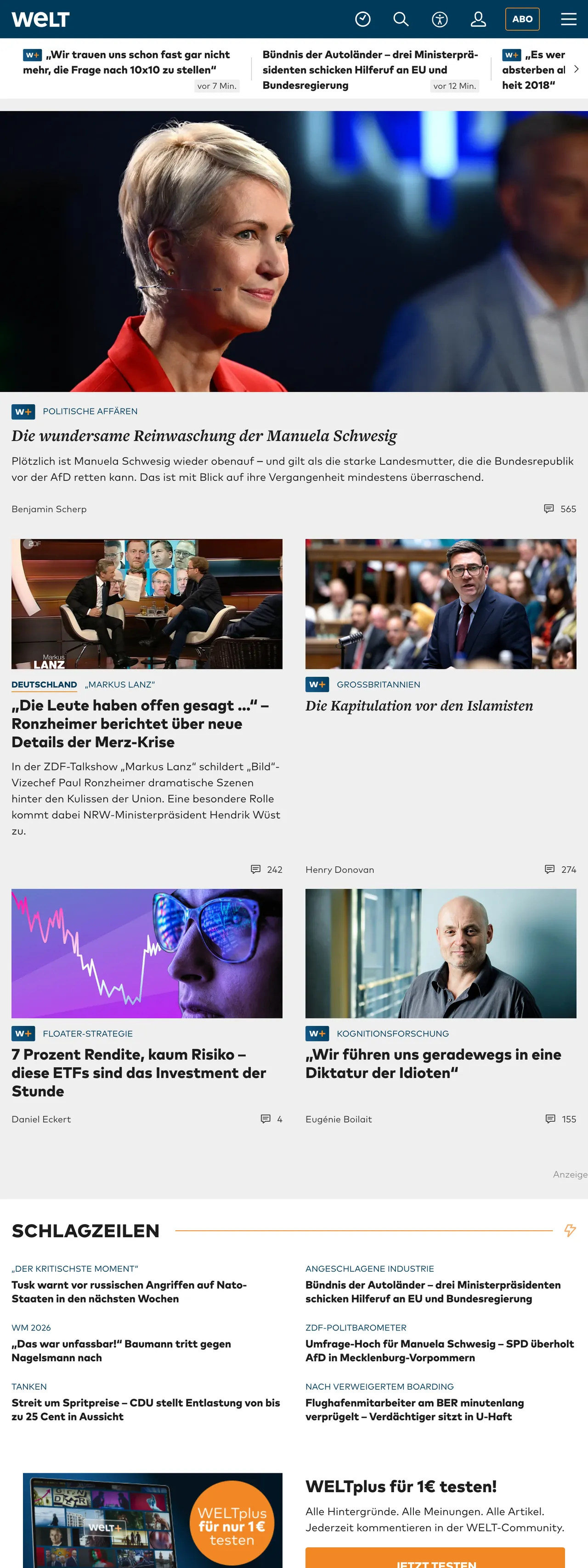 Screenshot of the WELT front page