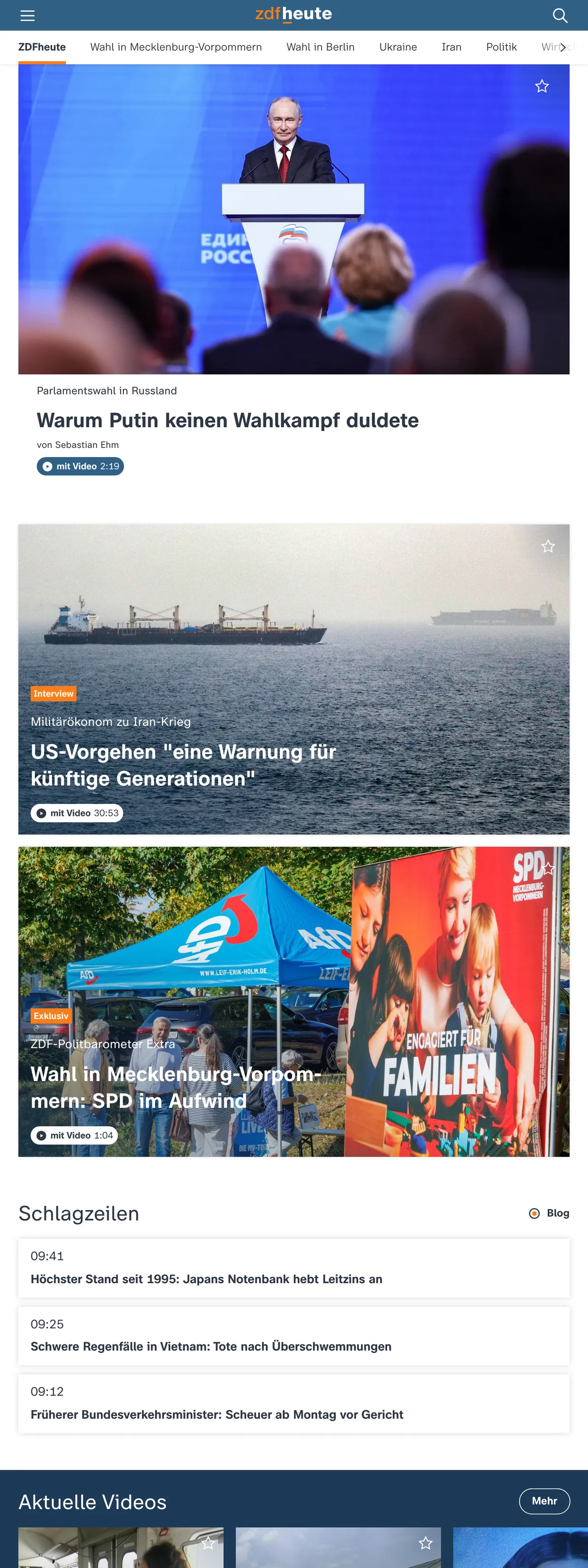 Screenshot of the ZDFheute front page