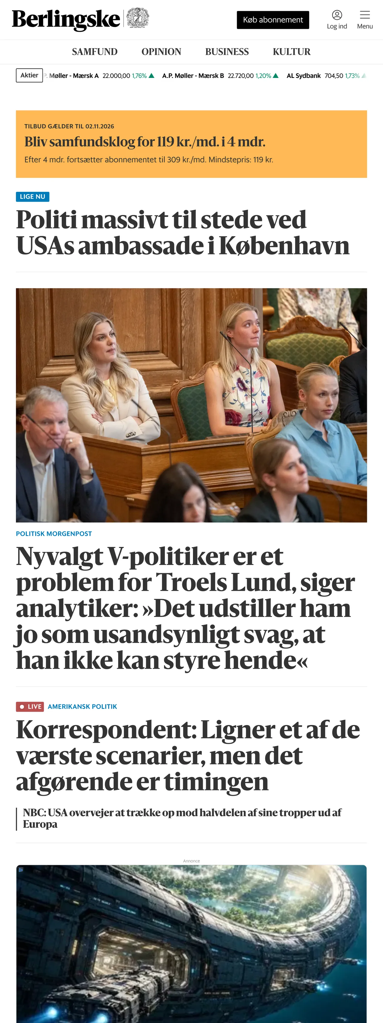 Screenshot of the Berlingske front page