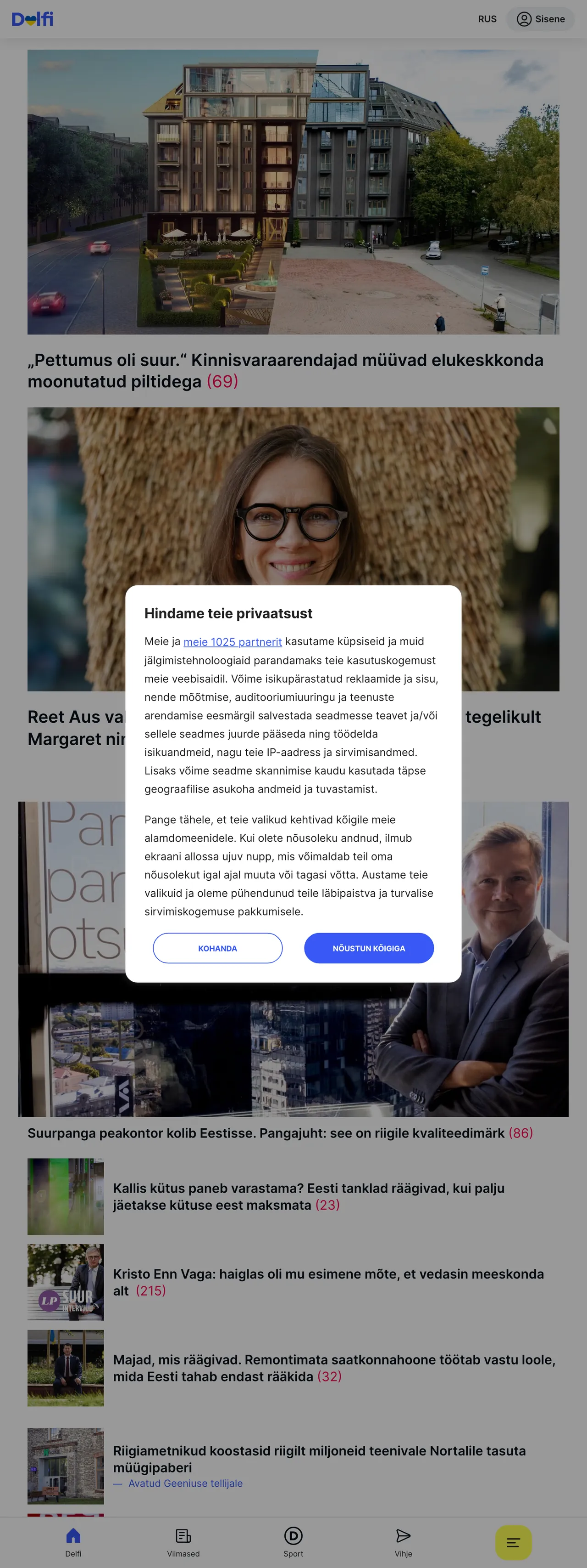 Screenshot of the Delfi front page