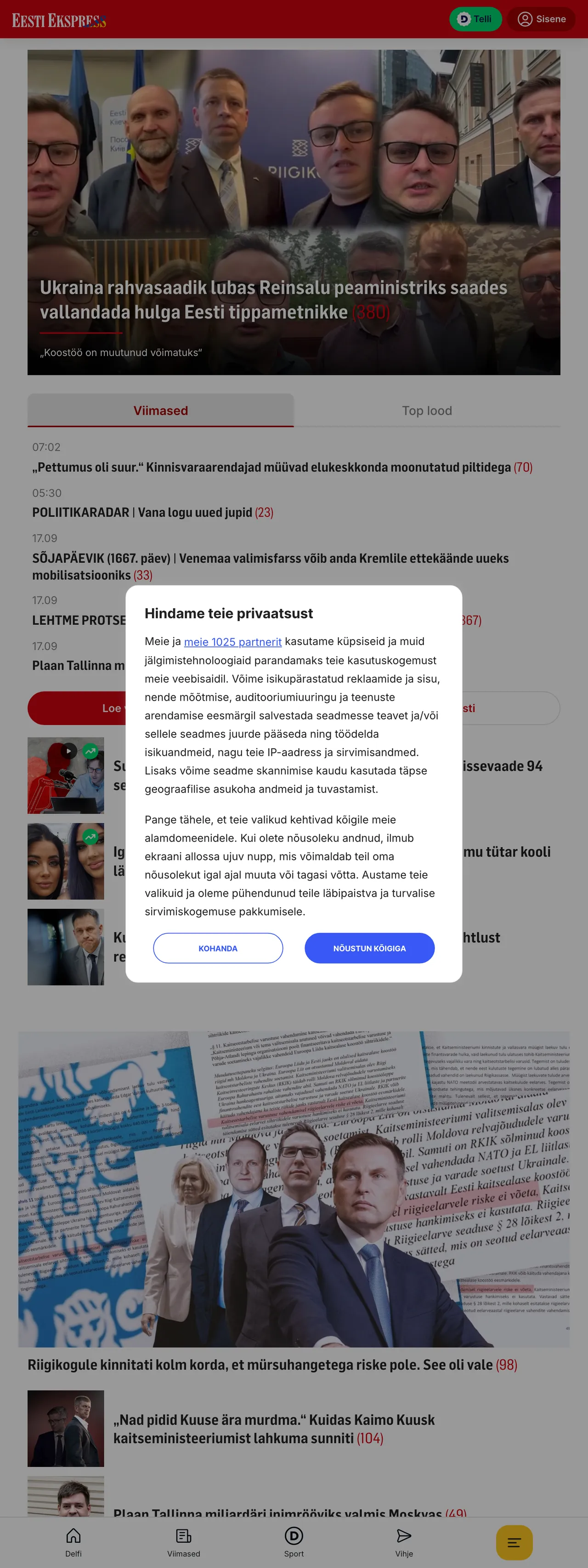 Screenshot of the Eesti Ekspress front page