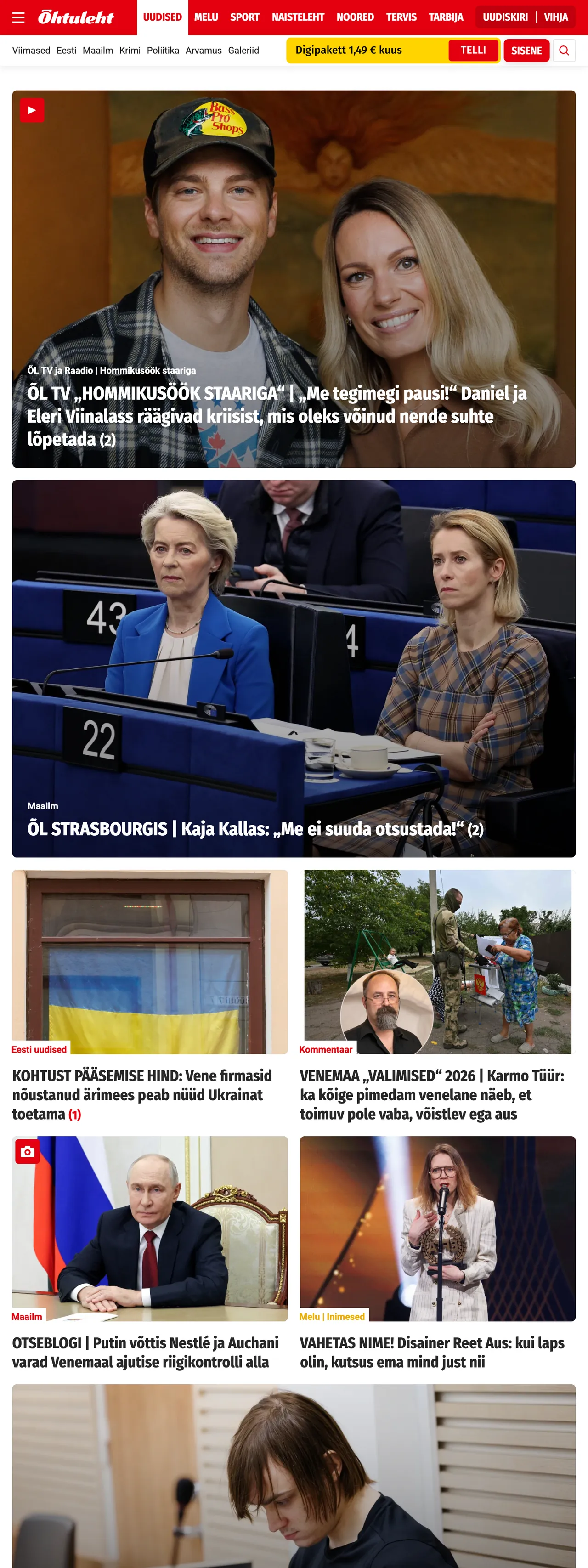 Screenshot of the Õhtuleht front page
