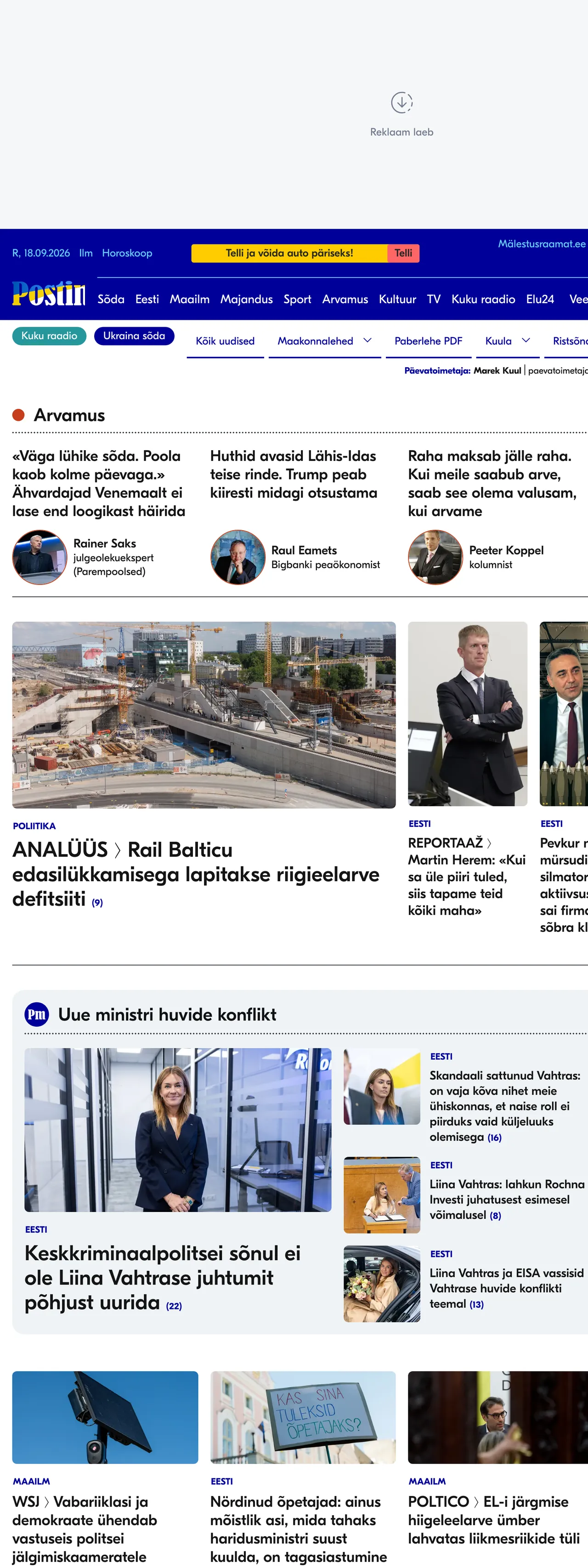 Screenshot of the Postimees front page