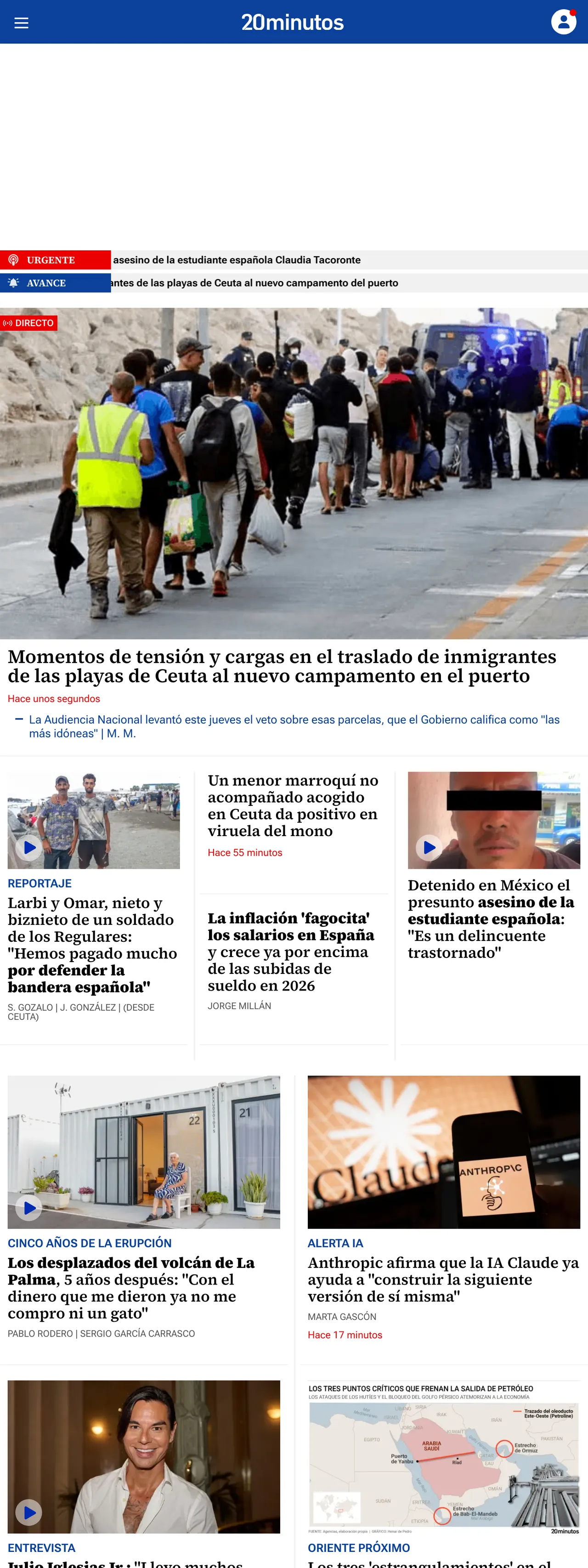 Screenshot of the 20minutos front page