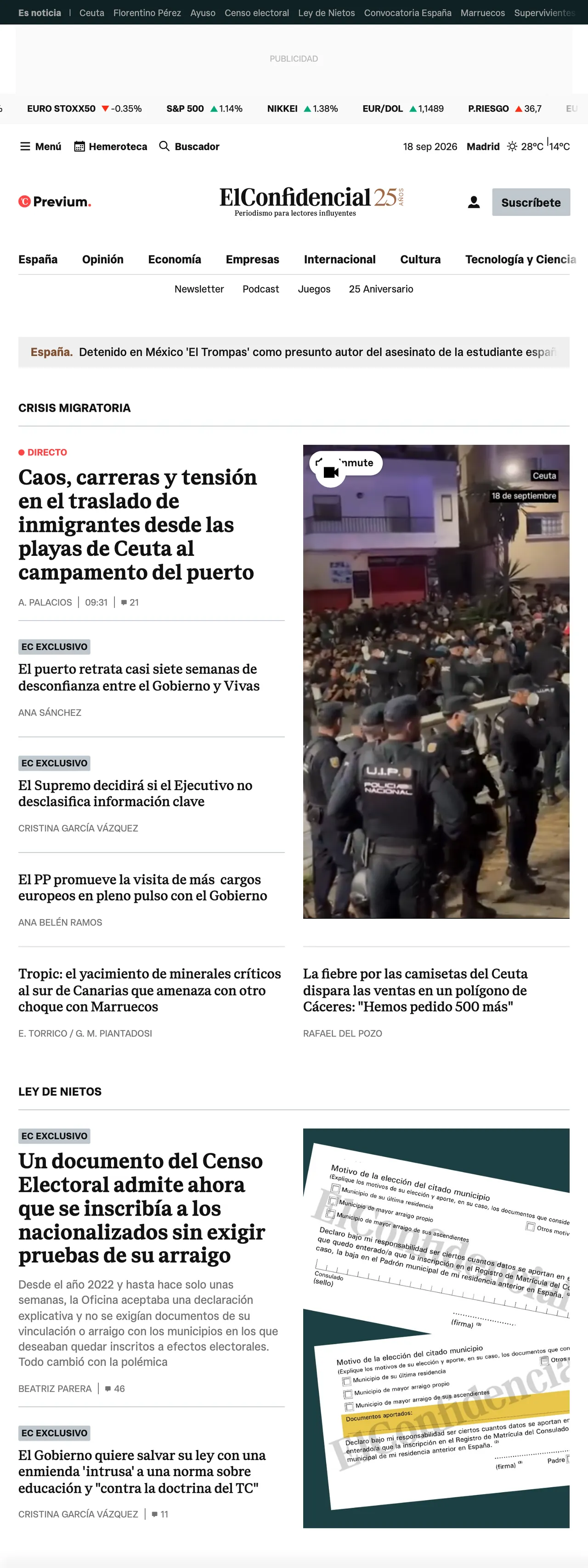 Screenshot of the El Confidencial front page