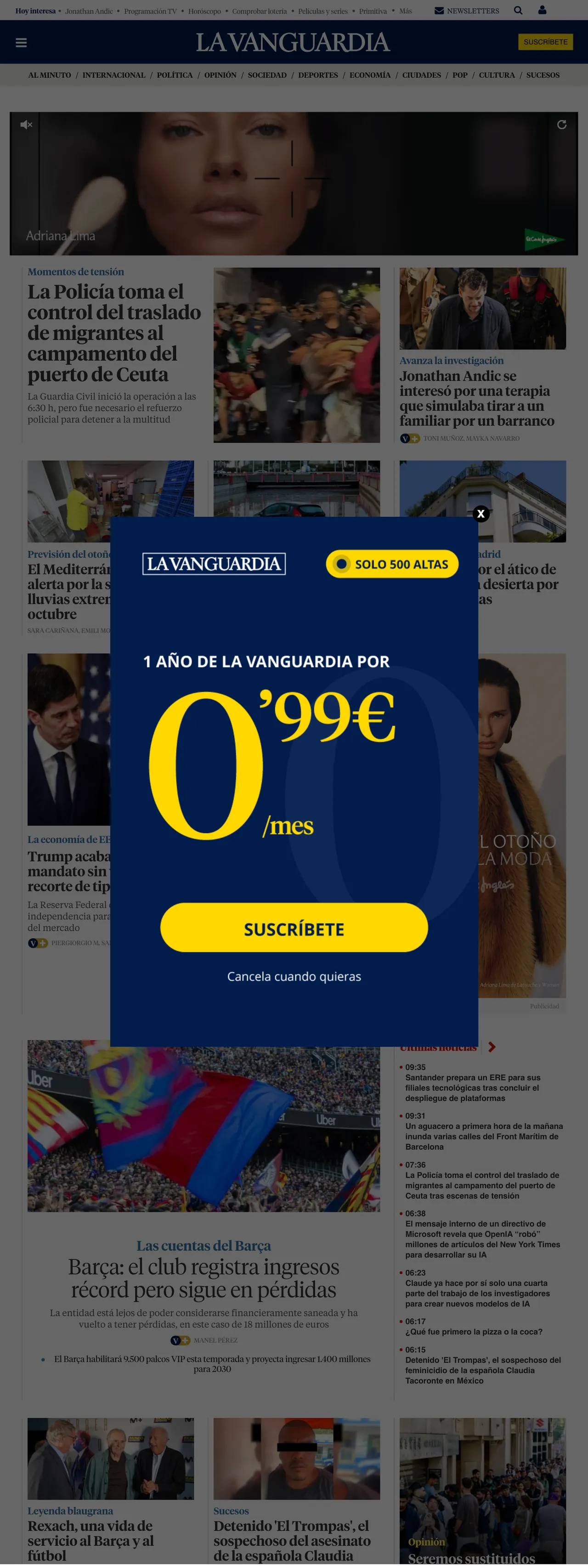 Screenshot of the La Vanguardia front page