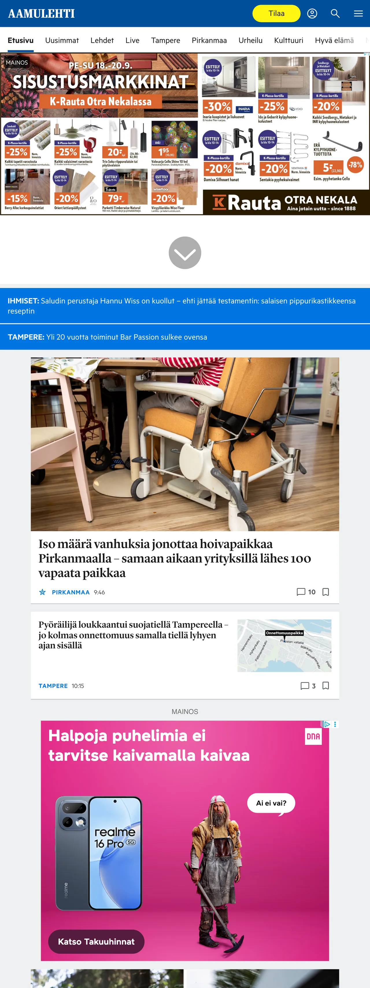 Screenshot of the Aamulehti front page