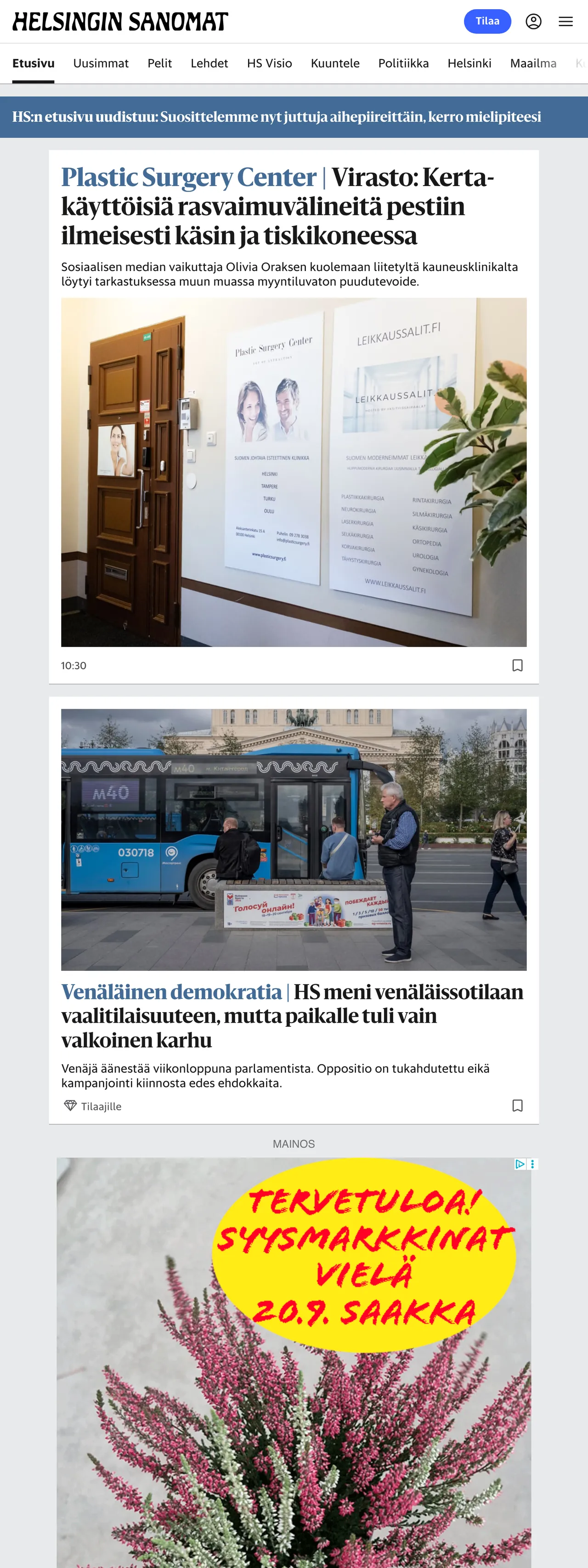 Screenshot of the Helsingin Sanomat front page